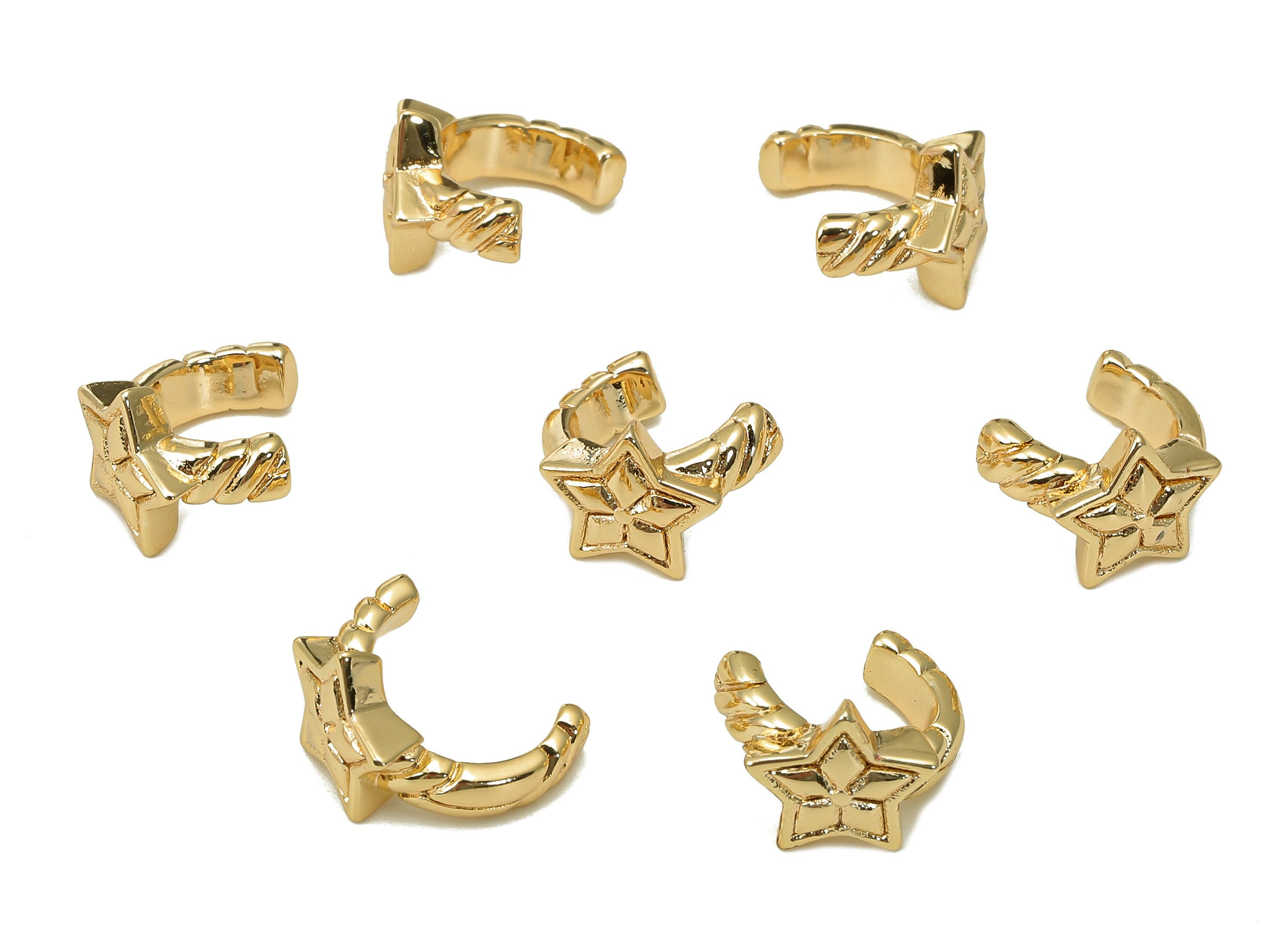 Brass Star Open Round C Ring - Textured Earring Cuff - Hoop Charm For Stud Earring - 18K Real Gold Plating Cuff Ear - 11.8x8.5x2.2mm-RGP5533 - DOMEDBAZAAR
