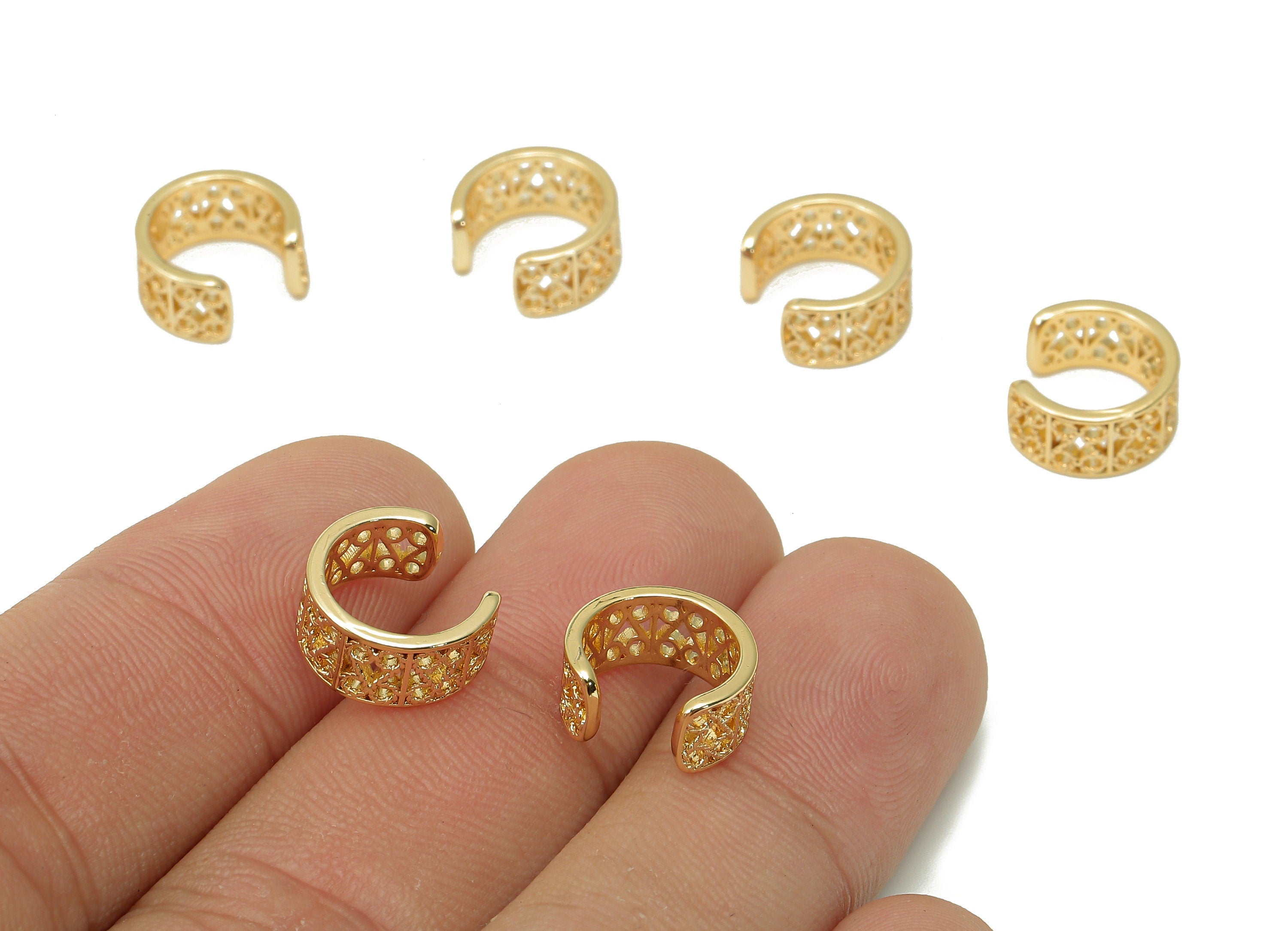 Brass Open Round C Ring - Textured Wide Earring Cuff - Pattern Hollow Hoop Ear Cuff - 18K Real Gold Plating Cuff Ear - 11.2x5.4x1mm -RGP5534 - DOMEDBAZAAR