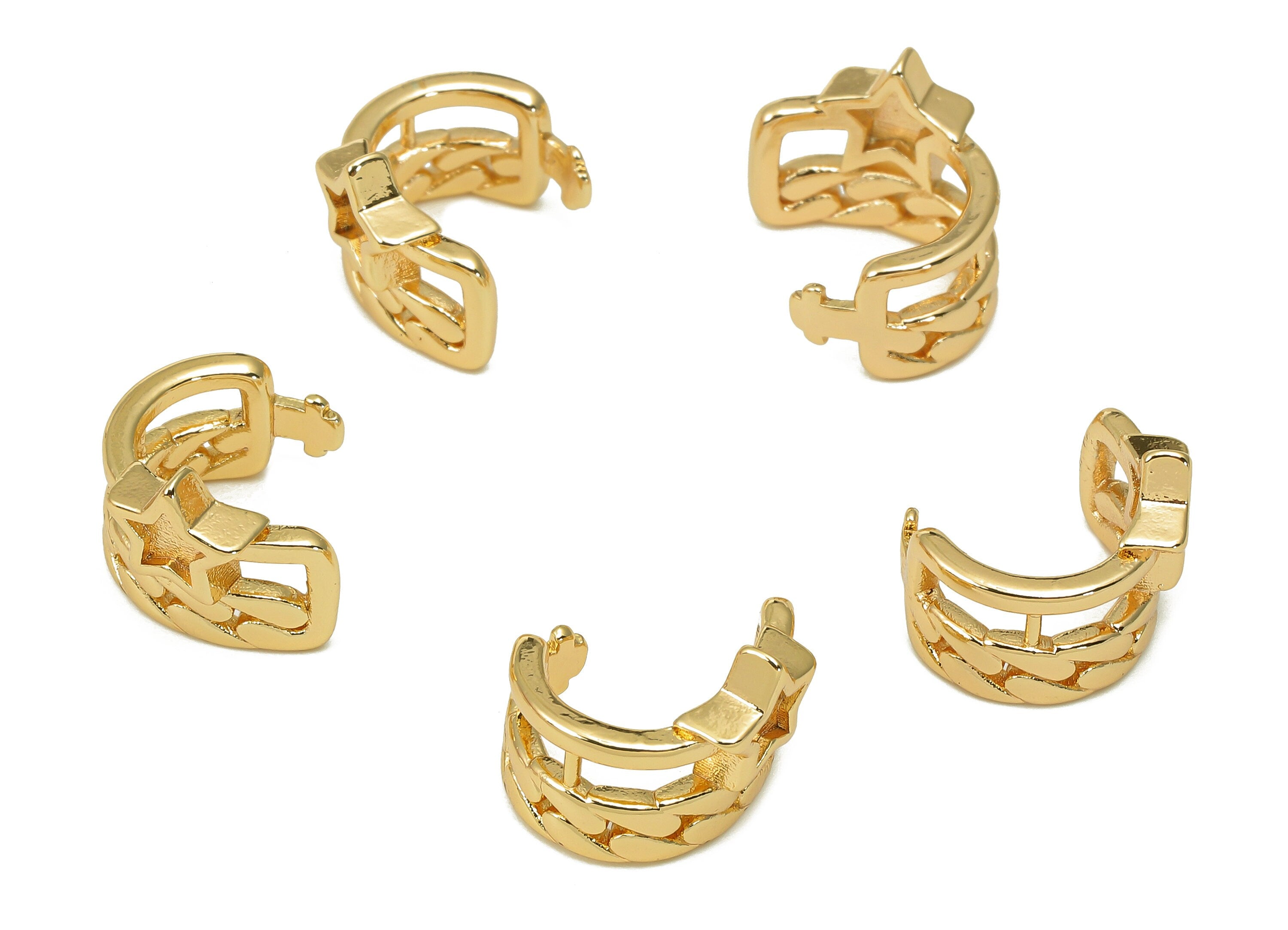 Brass Star Open Round C Ring - Leaf Textured Earring Cuff - Wide Hoop Ear Cuff - 18K Real Gold Plating Cuff Ear - 13x10.7x2.3mm - RGP5535 - DOMEDBAZAAR