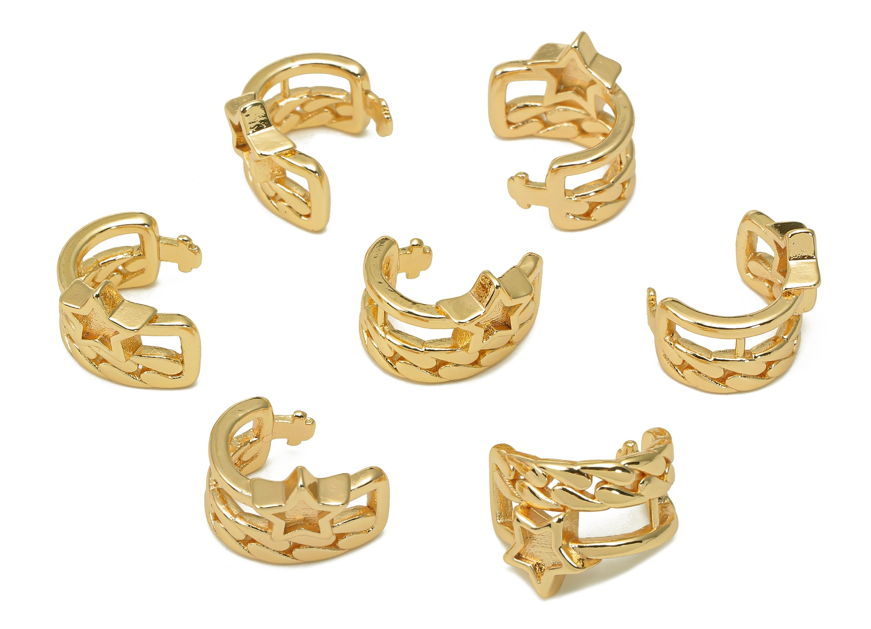 Brass Star Open Round C Ring - Leaf Textured Earring Cuff - Wide Hoop Ear Cuff - 18K Real Gold Plating Cuff Ear - 13x10.7x2.3mm - RGP5535 - DOMEDBAZAAR