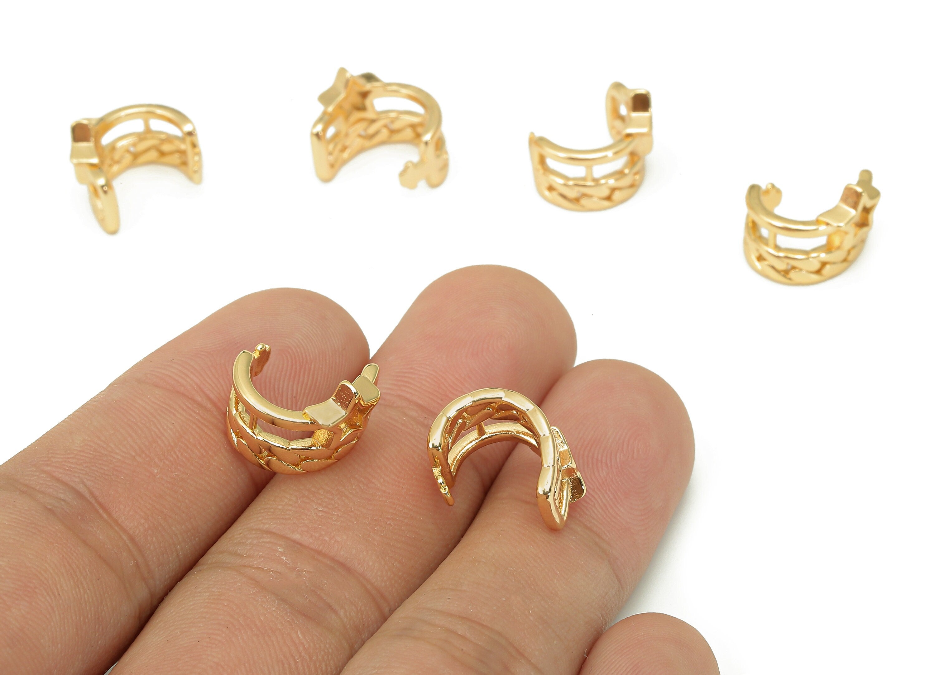 Brass Star Open Round C Ring - Leaf Textured Earring Cuff - Wide Hoop Ear Cuff - 18K Real Gold Plating Cuff Ear - 13x10.7x2.3mm - RGP5535 - DOMEDBAZAAR