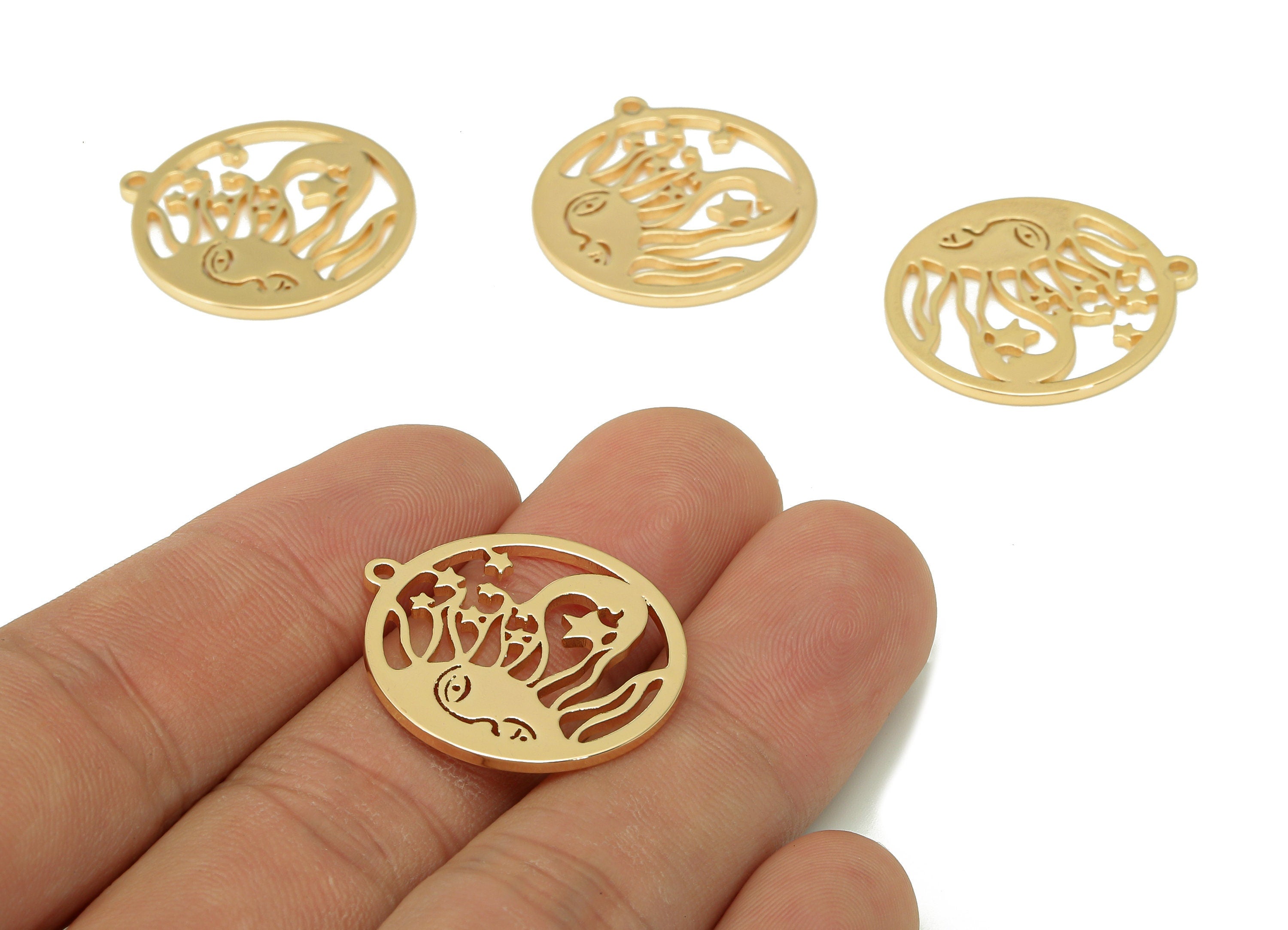Brass Round Star Earring Charms - Crescent Circle Pendant - Sun Face Pendant With Loop - 18K Real Gold Plating - 25.6x23.5x1.23mm - RGP5459 - DOMEDBAZAAR
