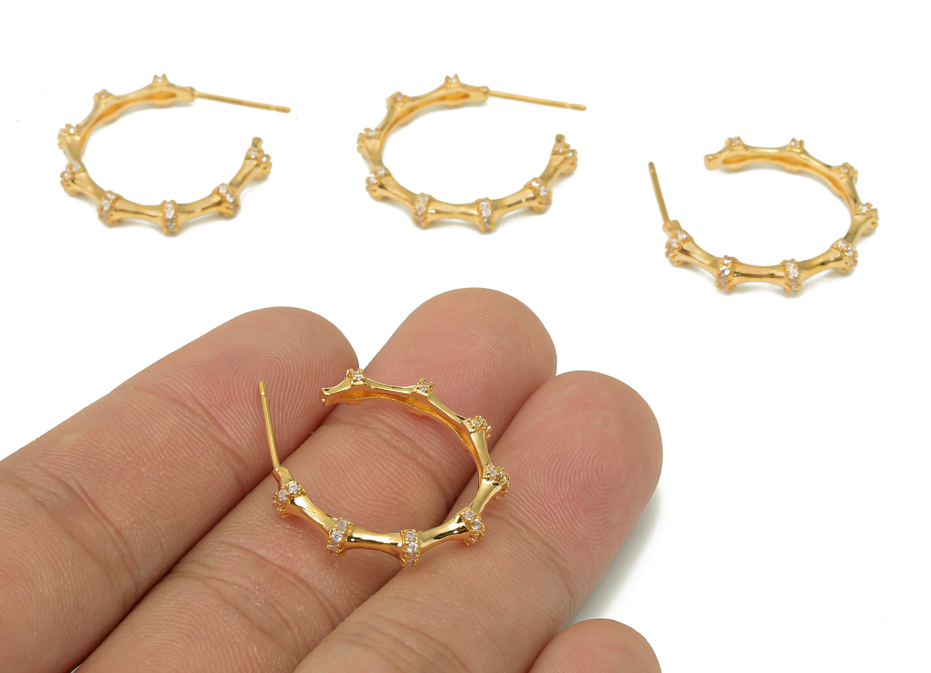 Brass Open Hoop Stud Earrings - Bamboo Earring Post With Zircon - 316 Stainless Steel Stud - 18K Real Gold Plating - 25x21.9x4mm - RGP5501 - DOMEDBAZAAR