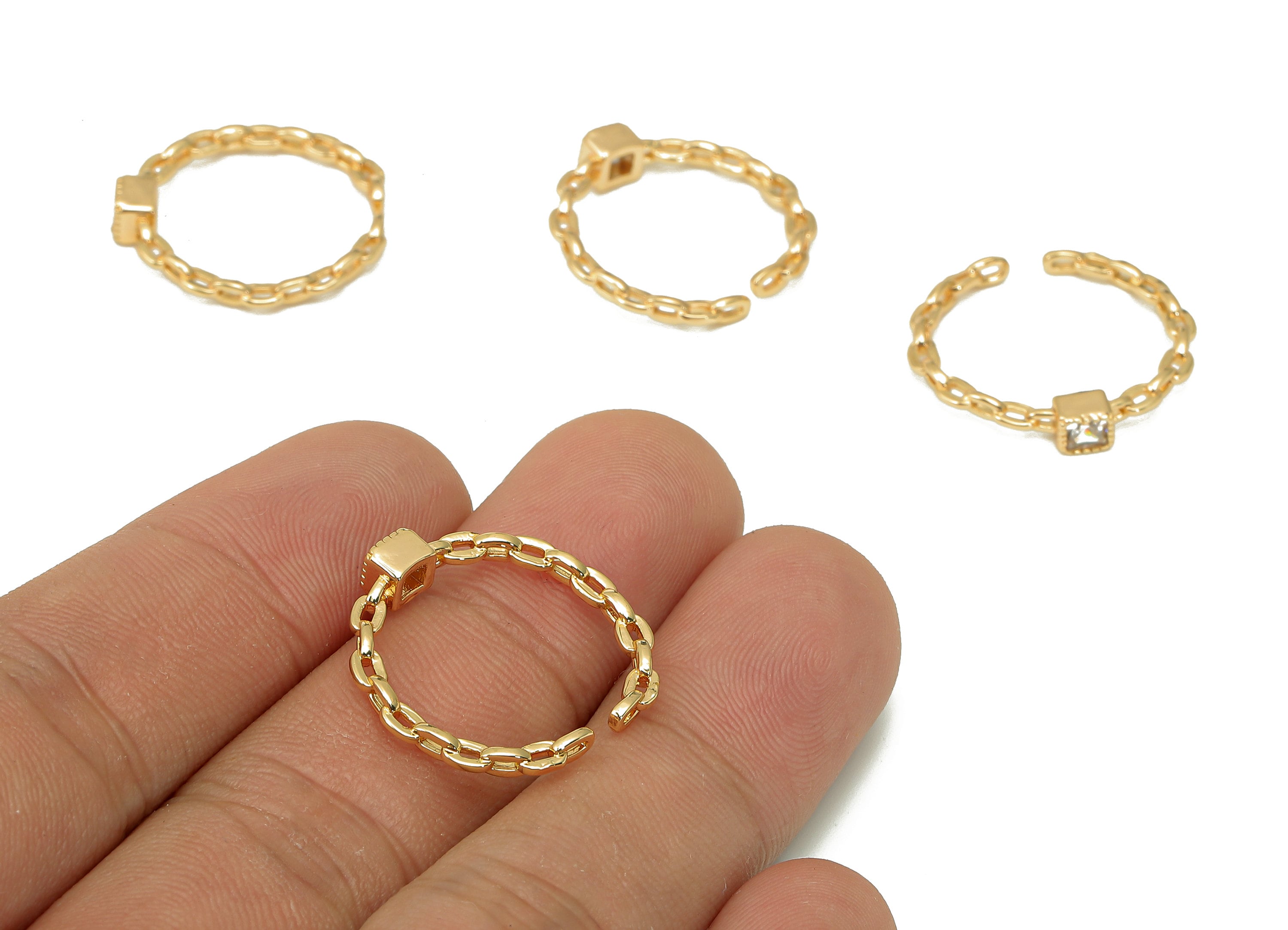 Brass Oval Cable Chain Ring - Chain Ring With Square Zircon - Hollow Hoop Curb Chain Ring - 18K Real Gold Plating - 21.9x21.1x2.2mm -RGP5499 - DOMEDBAZAAR