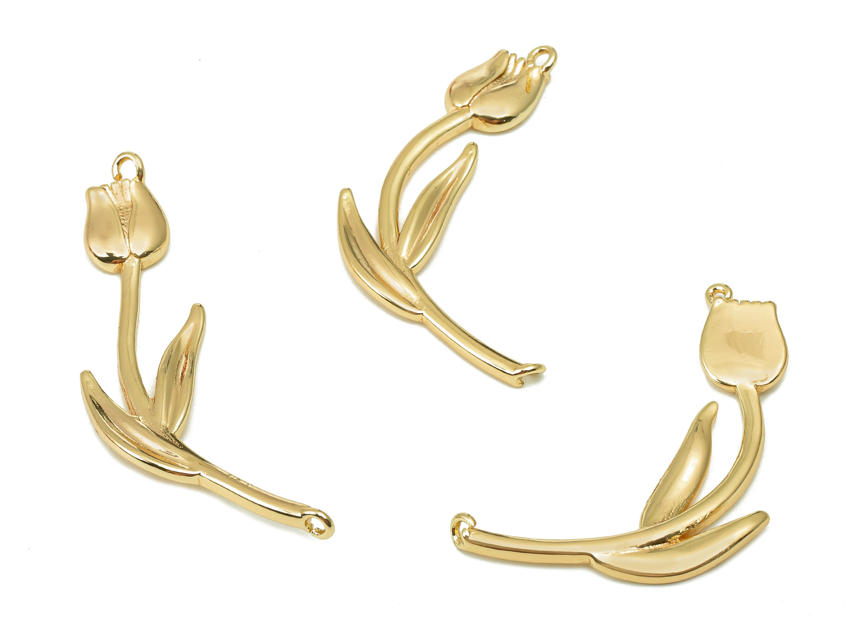 Brass Tulip Flower Connector - Earring With Hook - Pendant With Loop - Charm For Necklace - 18K Real Gold Plating - 33.7x9.3x1.4mm - RGP5490 - DOMEDBAZAAR
