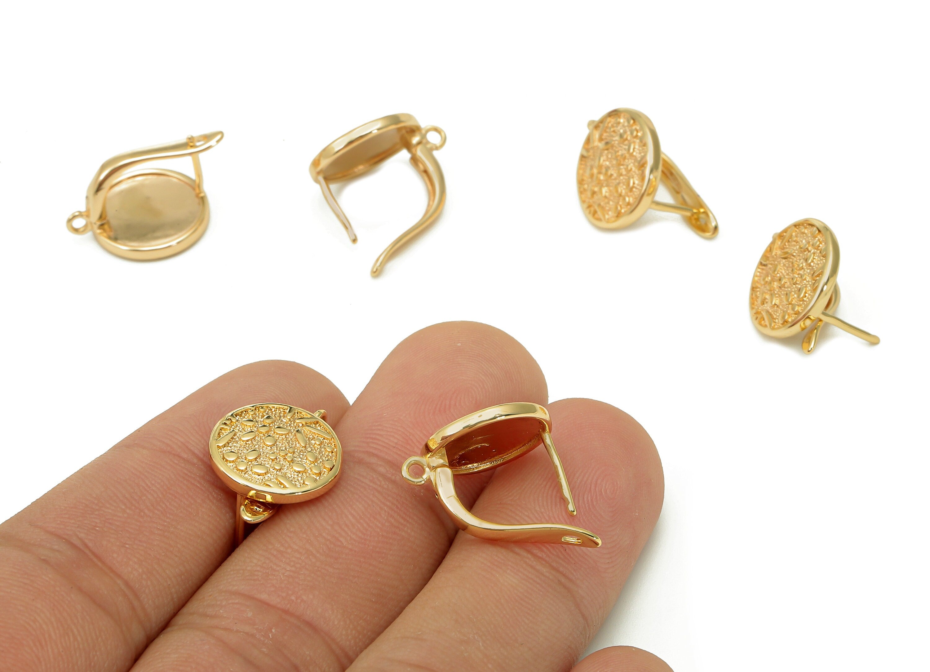 Brass Round Earring Clasp - Round Clasps Earring With Loop - Textured Circle Dots Clasps - 18K Real Gold Plating - 19.9x13.4x1.5mm - RGP5488 - DOMEDBAZAAR