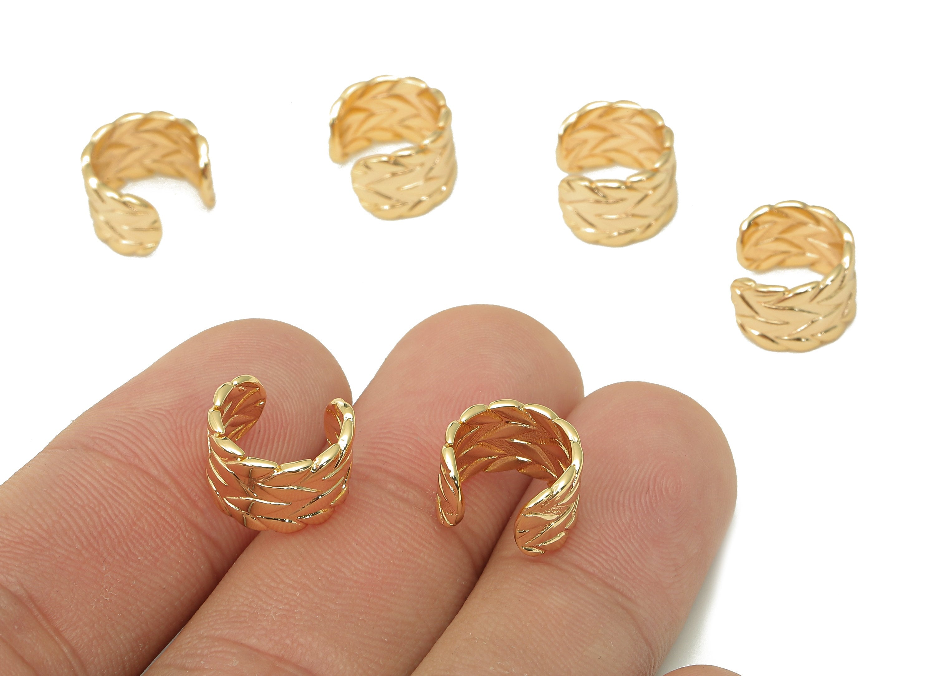 Brass Leaves Open Round C Ring - Leaf Wide Ear Clip - Textured Hoop Earring Cuff - 18K Real Gold Plating Cuff Ear - 11.7x10.8x1mm - RGP5487 - DOMEDBAZAAR