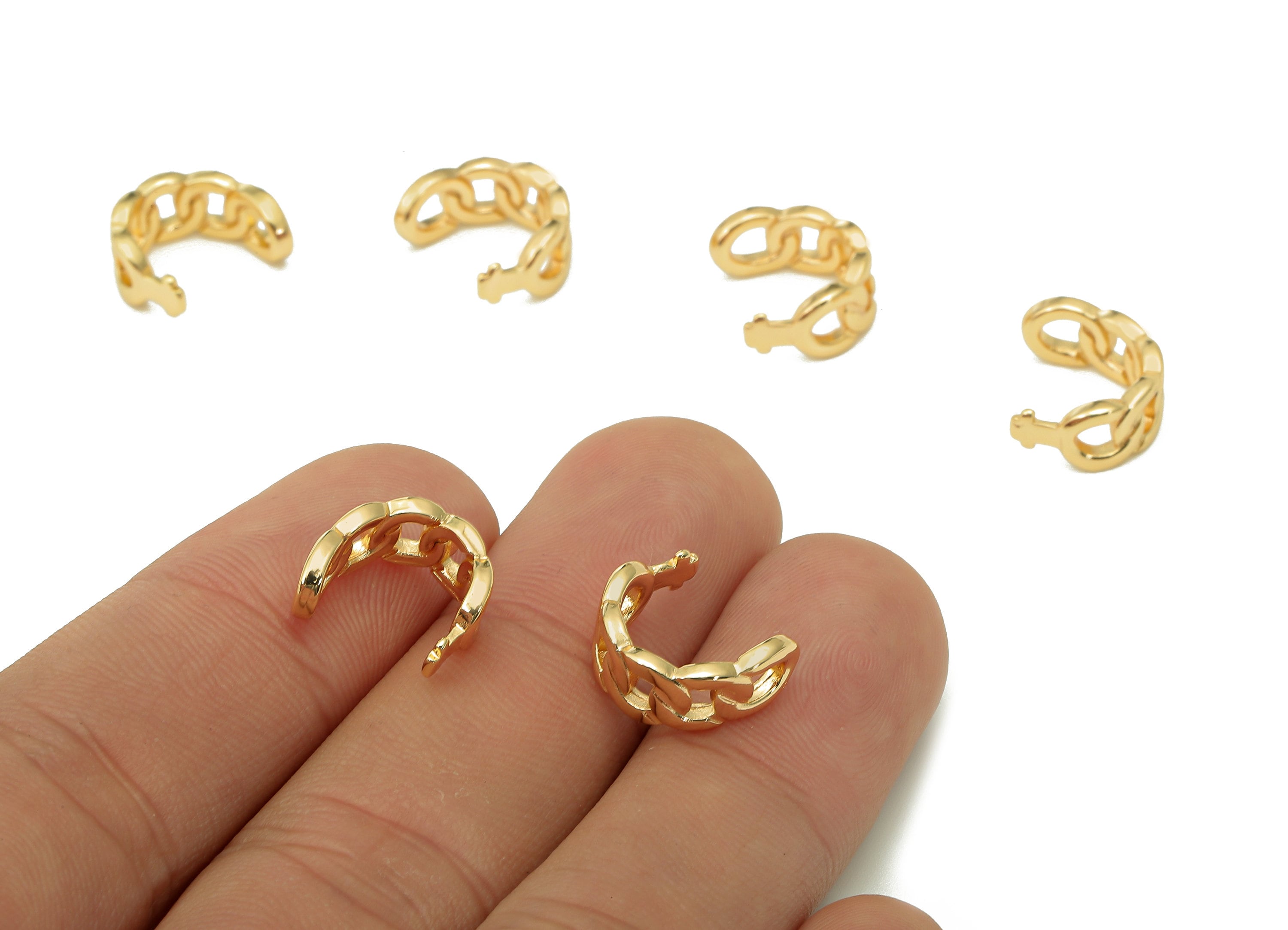 Brass Curb Chain Hoop C Ring - Round Hollow Earring Cuff - Wide Hoop Ear Clip - 18K Real Gold Plating Cuff Ear - 11.9x11.3x1.6mm - RGP5485 - DOMEDBAZAAR