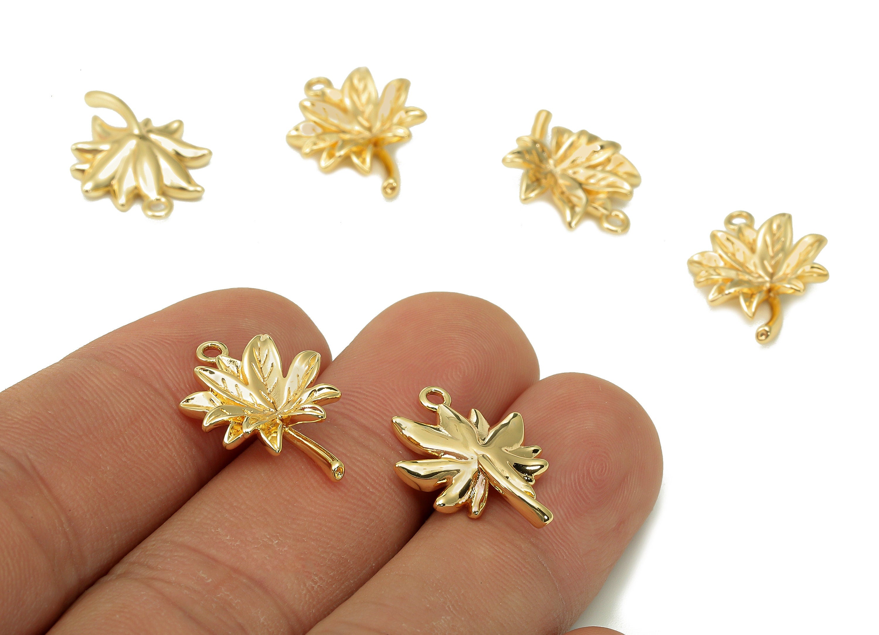Brass Leaf Earring Charm - Gold Leaves Earring - Maple Leaf Pendant With Loop - 18K Real Gold Plating Charm - 18.8x14.1x3.3mm - RGP5484 - DOMEDBAZAAR