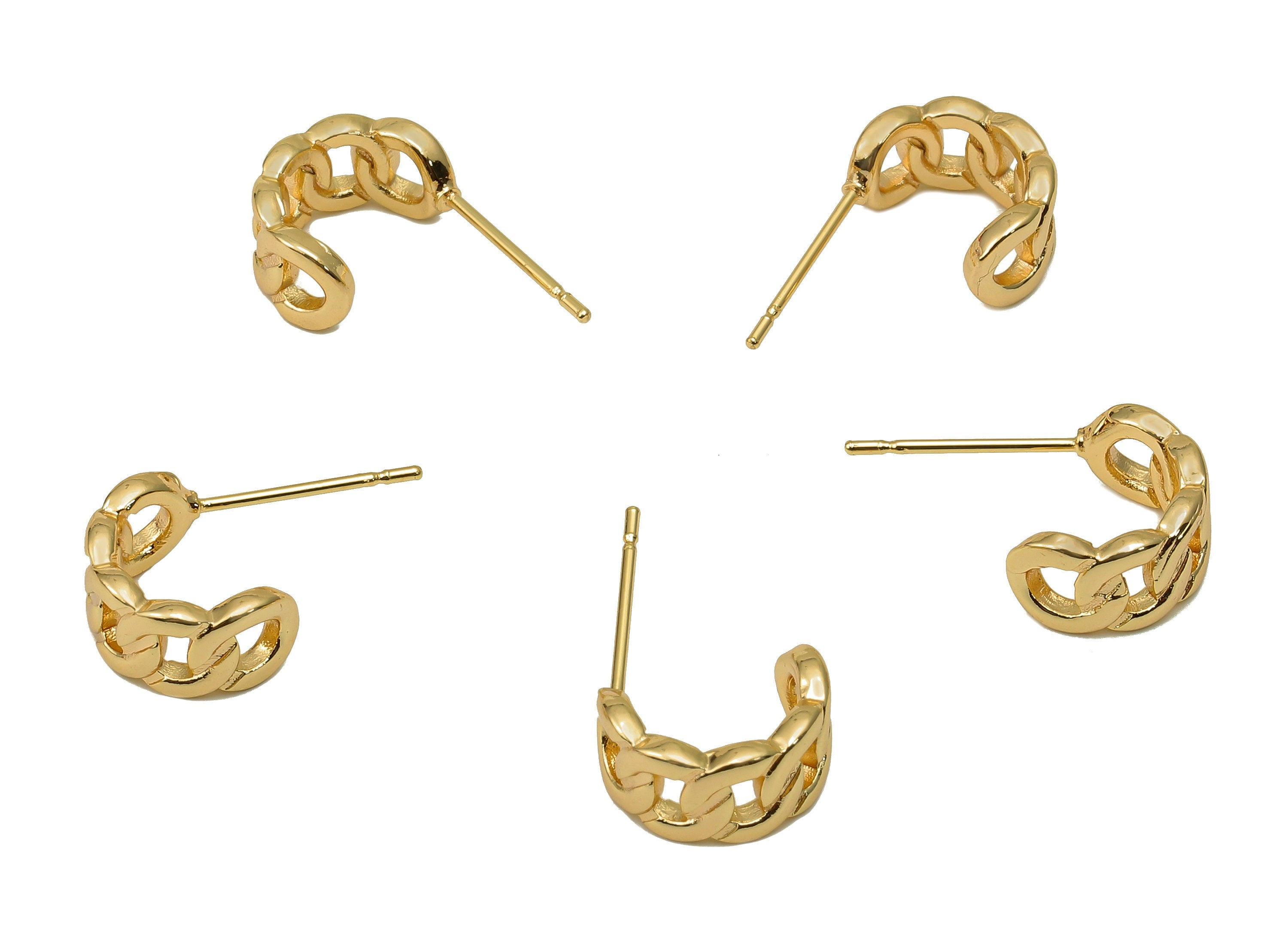Brass Curb Chain Hoop Stud Earrings - Round C Earring Post - 316 Stainless Steel Stud - 18K Real Gold Plating - 19.4x11.4x1.8mm - RGP5610 - DOMEDBAZAAR