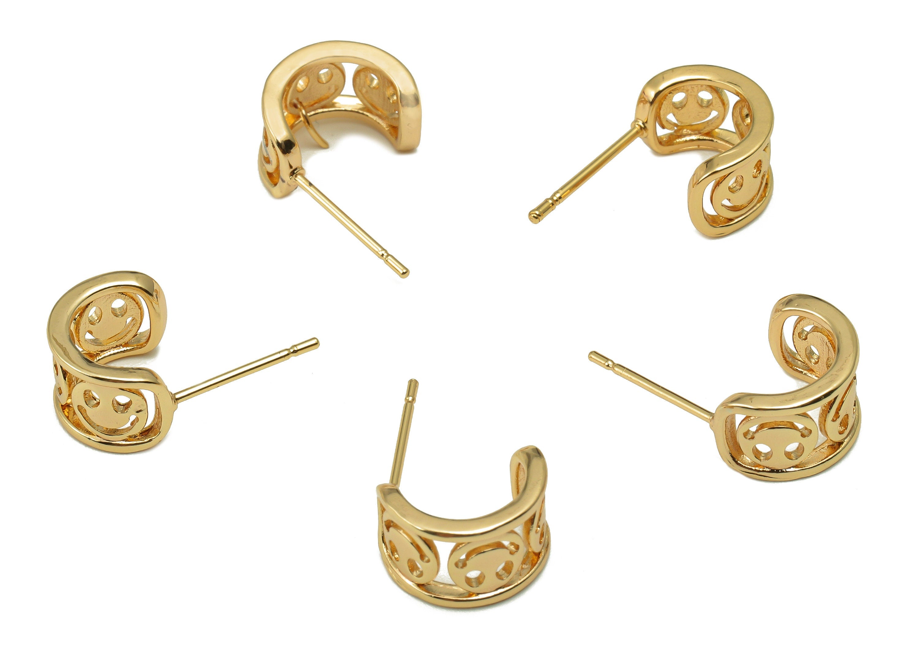 Brass Smile Huggie C Stud Earrings - Happy Face Earring Post - 316 Stainless Steel Stud - 18K Real Gold Plating - 18.71x11.0x1.6mm - RGP5611 - DOMEDBAZAAR