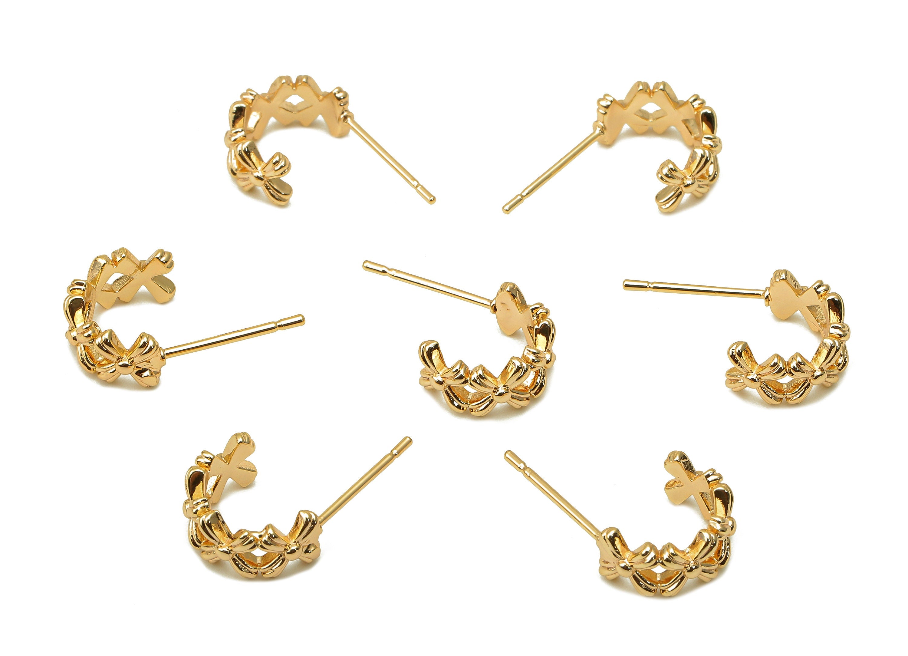 Brass Flower Open C Stud Earrings - Coronet Earring Post - 316 Stainless Steel Stud - 18K Real Gold Plating - 19.54x11.92x1.76mm - RGP5612 - DOMEDBAZAAR