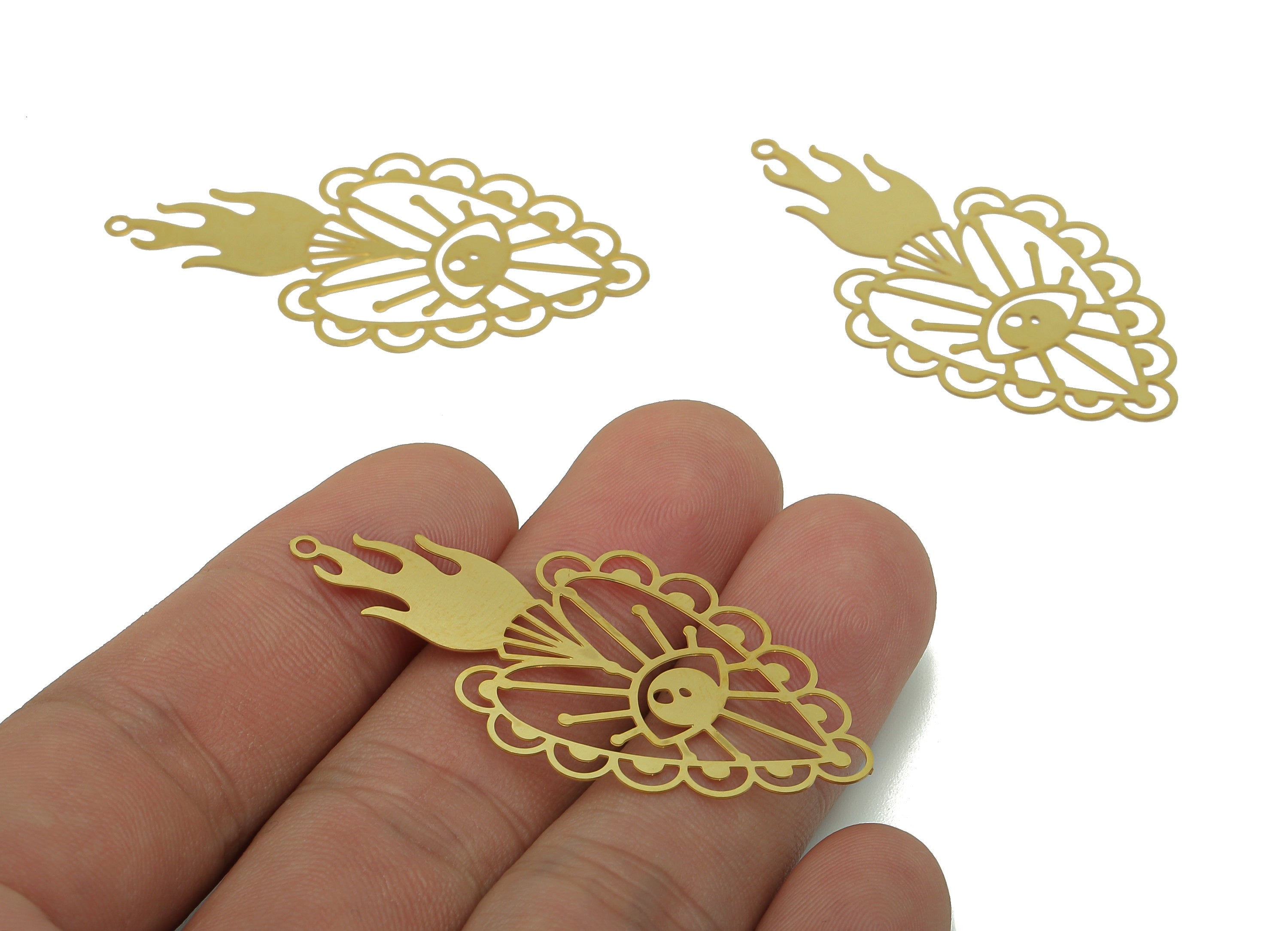 Brass Eye Flame Heart Charm - Raw Brass Eyelash Flower Earring - Fire Pendant With Loop - Light Thin Charms - 50.4x25.3x0.3mm - JJB7283 - DOMEDBAZAAR