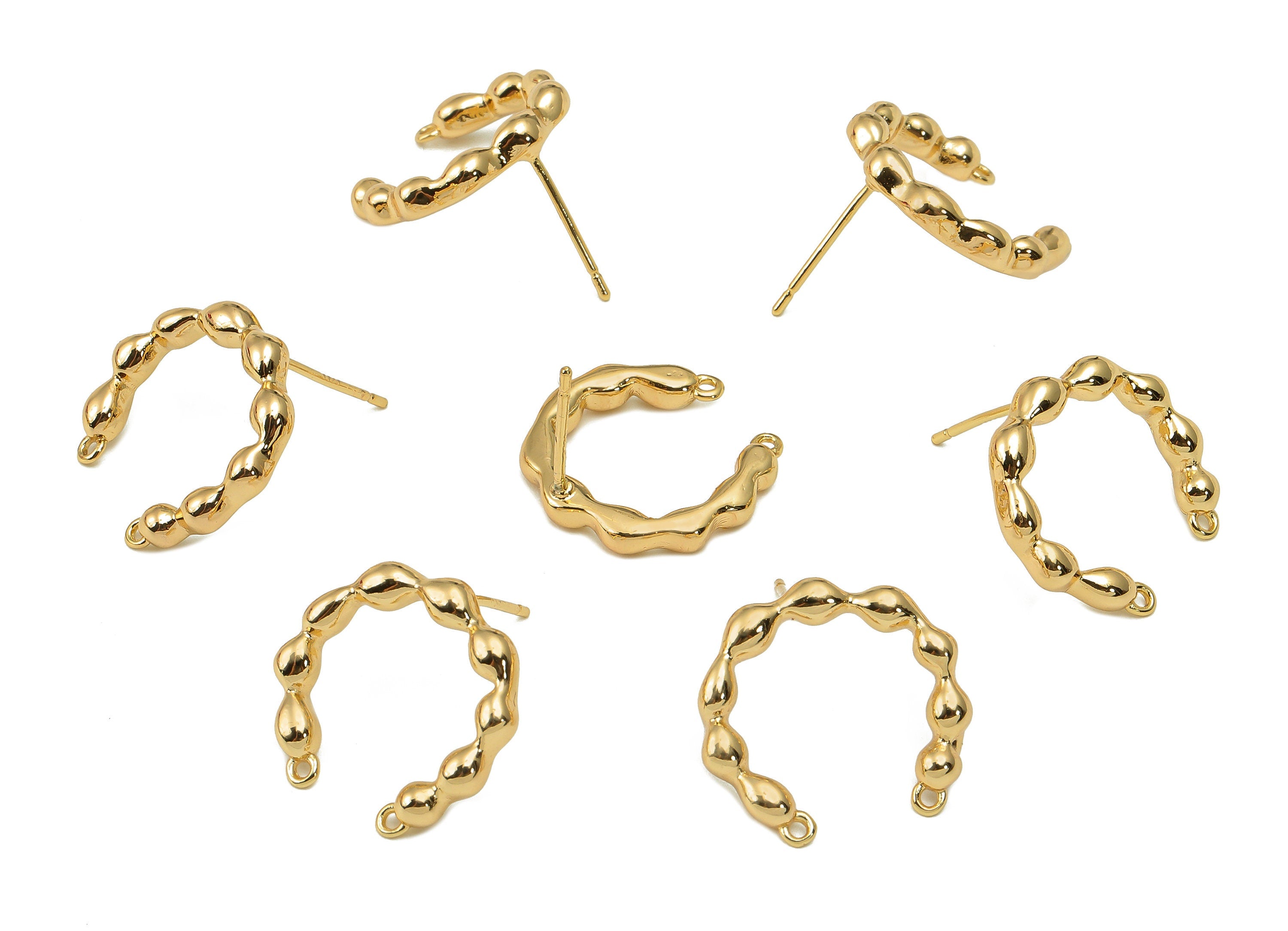 Brass Balls Open Hoop Earring Post - Connector With 2 Loops - 925 Silver Stud Earring - 18K Real Gold Plating - 17.18x16.98x2.34mm - RGP5615 - DOMEDBAZAAR