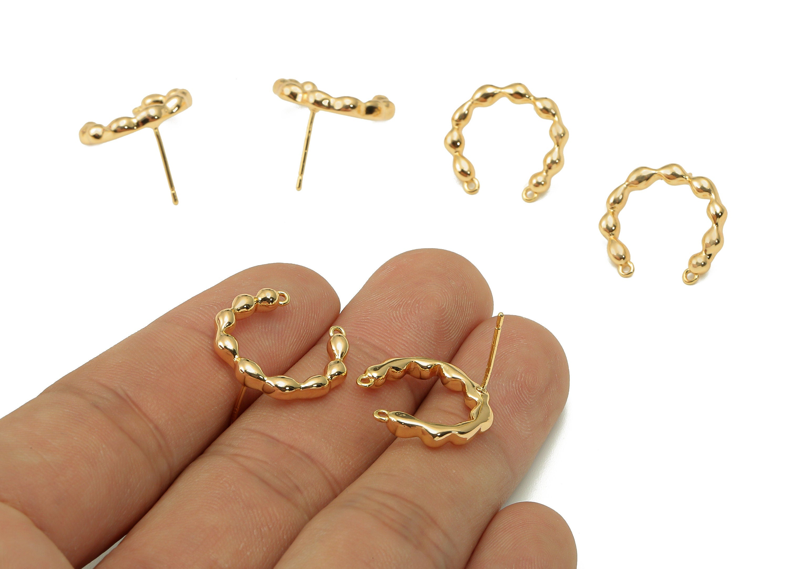 Brass Balls Open Hoop Earring Post - Connector With 2 Loops - 925 Silver Stud Earring - 18K Real Gold Plating - 17.18x16.98x2.34mm - RGP5615 - DOMEDBAZAAR