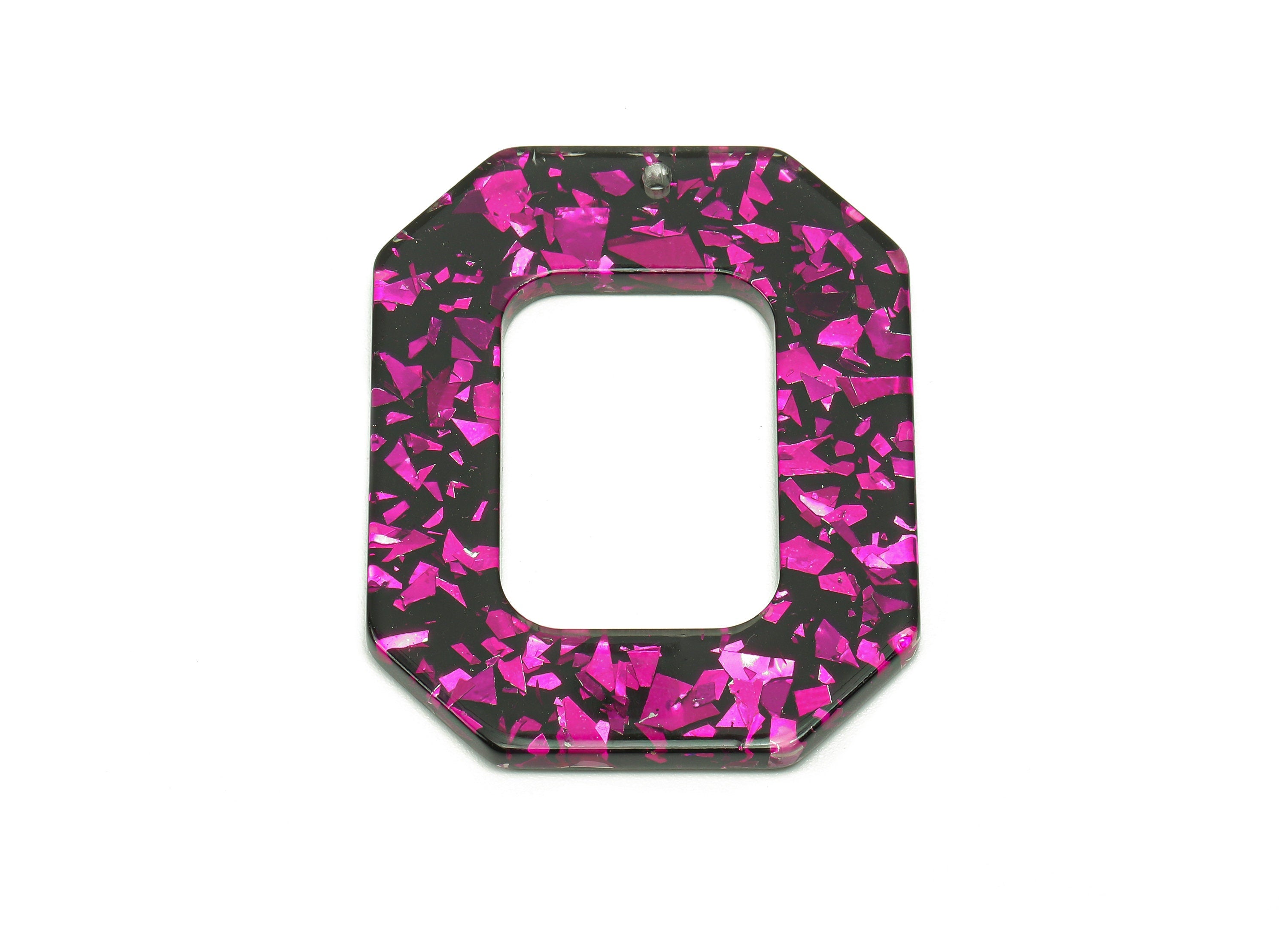 Acrylic Rectangle Earring Charm - Pink Foil Rectangle Hollow Earring - Pendant With Hole - Color Code: A636 - 44.6x34.6x2.6mm - AC2566-A636 - DOMEDBAZAAR