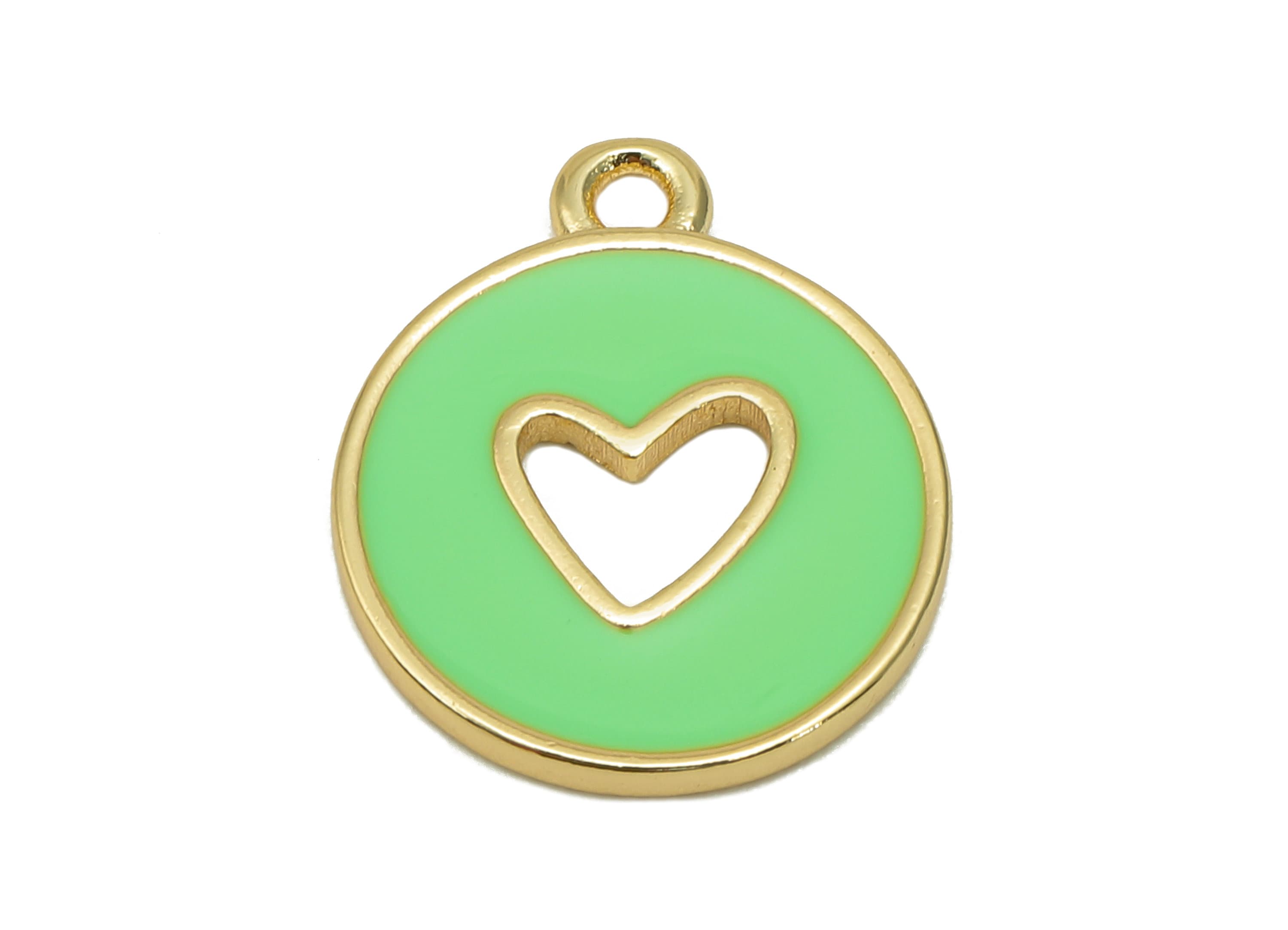 Brass Round Heart Hollow Earring - Light Green Enamel Dot Charm - Circle Pendant With Loop - 18K Real Gold Plating - 18x14.9x1.4mm -RGP5589A - DOMEDBAZAAR