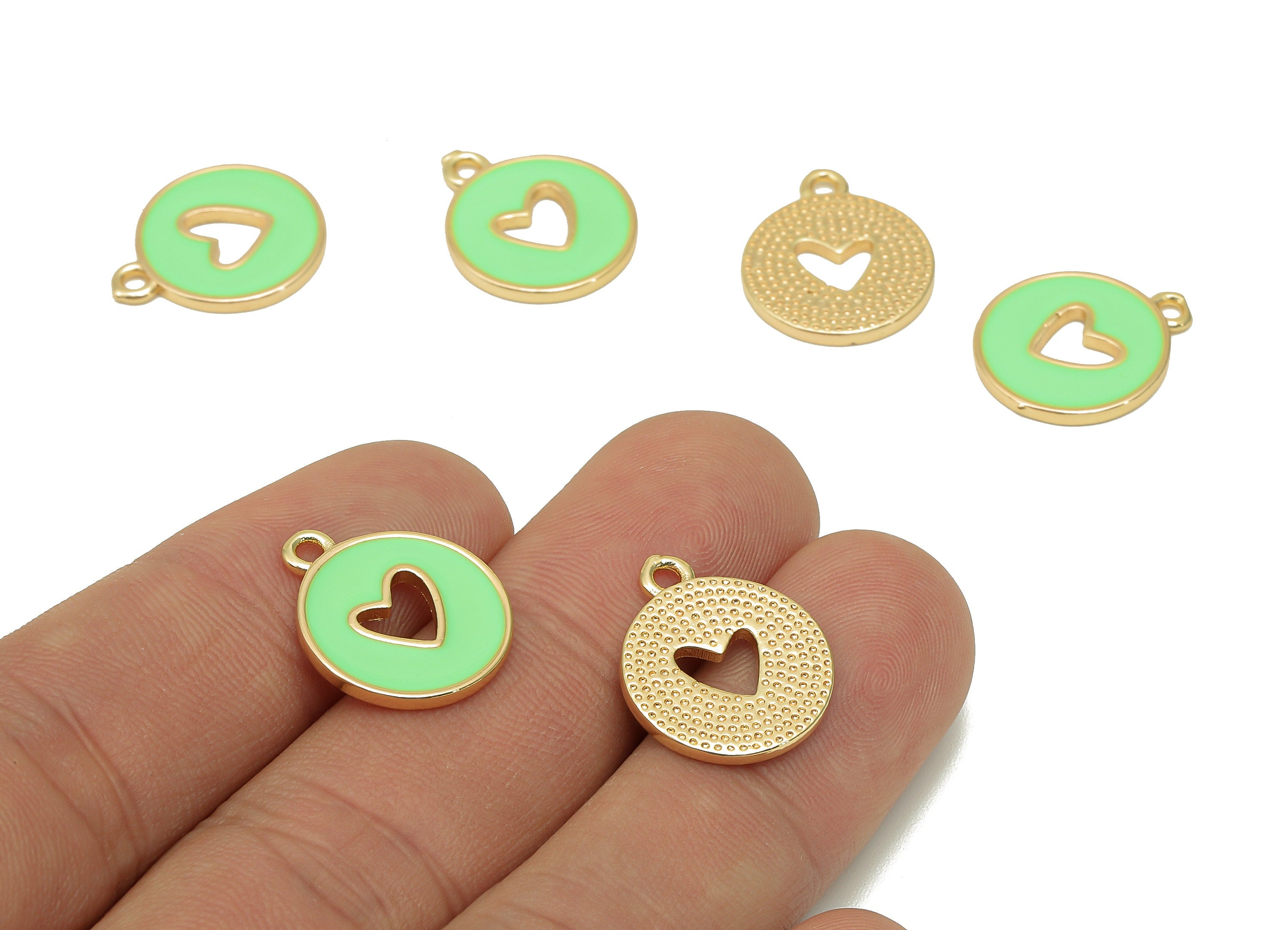 Brass Round Heart Hollow Earring - Light Green Enamel Dot Charm - Circle Pendant With Loop - 18K Real Gold Plating - 18x14.9x1.4mm -RGP5589A - DOMEDBAZAAR