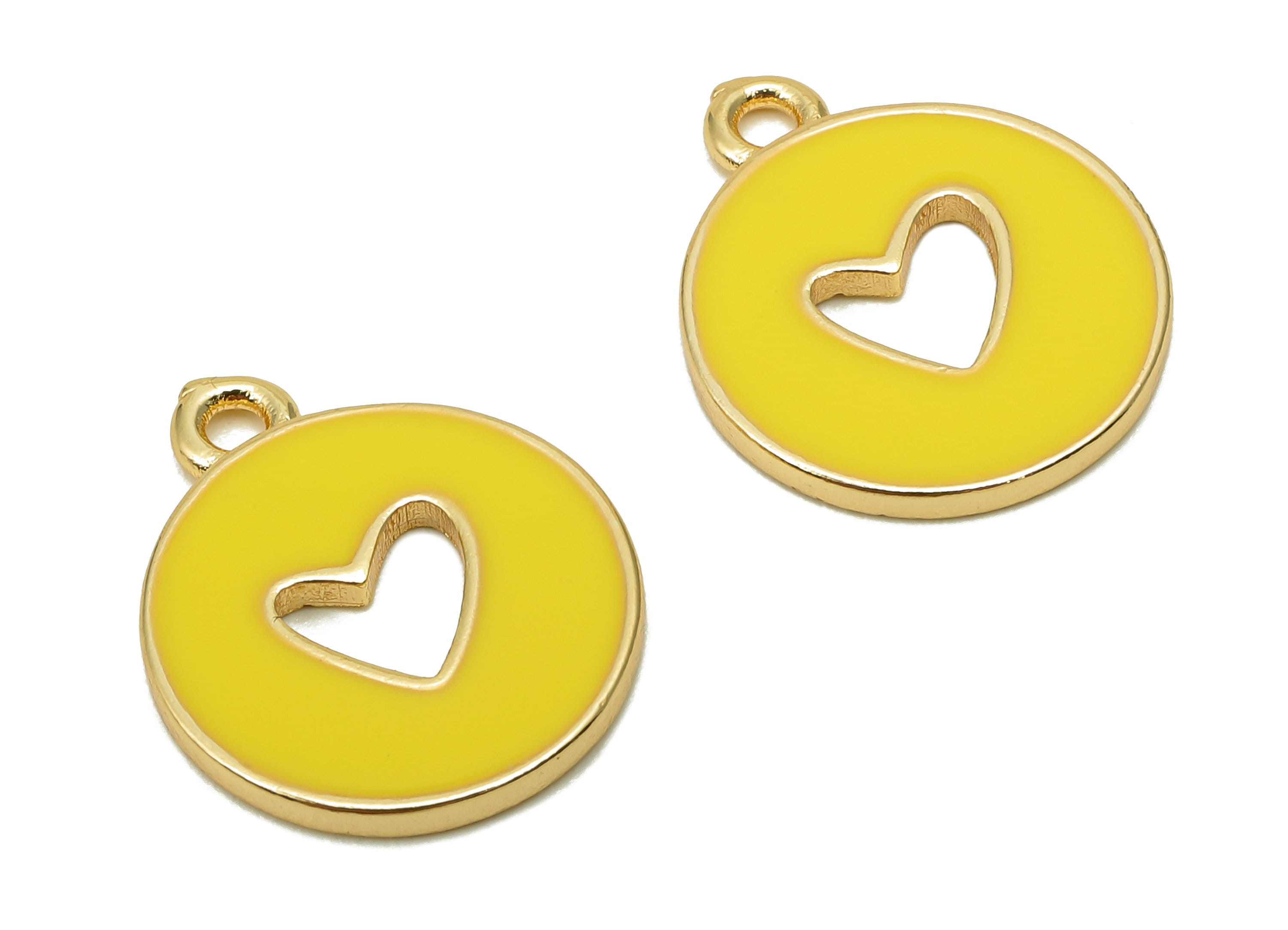 Brass Round Heart Hollow Earring - Light Yellow Enamel Dot Charm - Circle Pendant With Loop - 18K Real Gold Plating - 18x14.9x1.4mm-RGP5589B - DOMEDBAZAAR