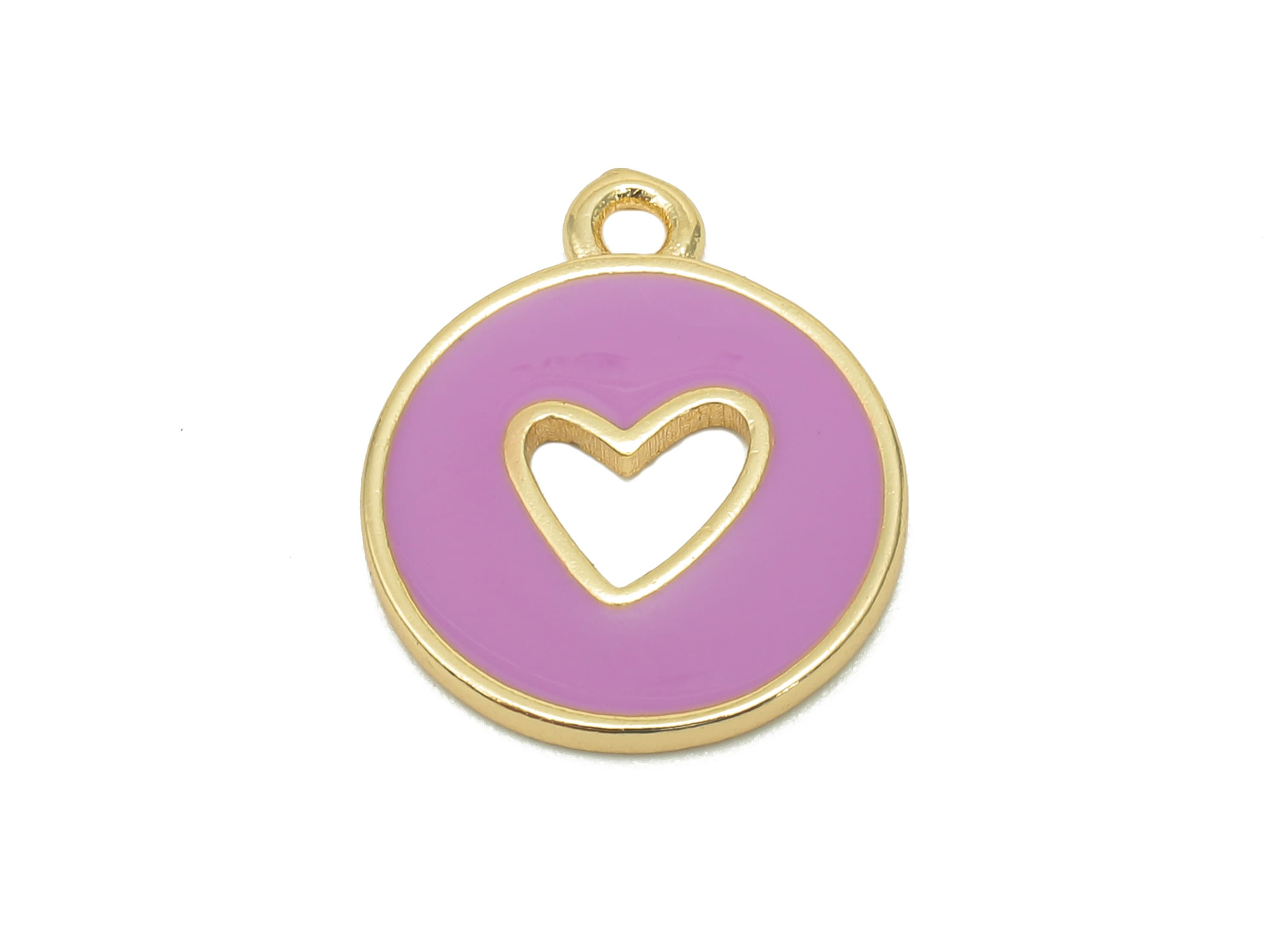 Brass Round Heart Hollow Earring - Light Purple Enamel Dot Charm - Spot Pendant With Loop - 18K Real Gold Plating - 18x14.9x1.4mm - RGP5589C - DOMEDBAZAAR