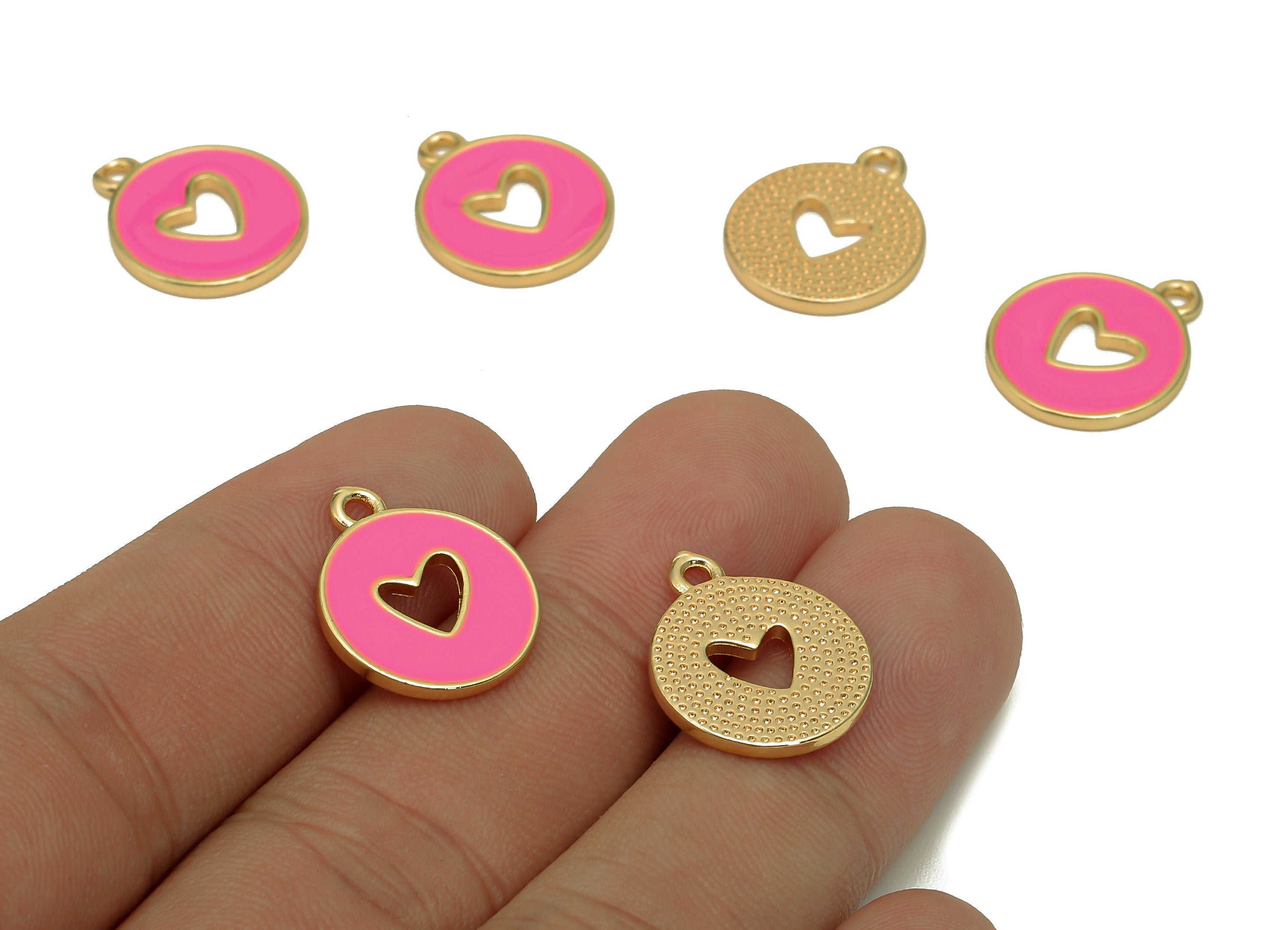 Brass Round Heart Hollow Earring - Light Pink Enamel Dot Charm - Circle Pendant With Loop - 18K Real Gold Plating - 18x14.9x1.4mm - RGP5589D - DOMEDBAZAAR