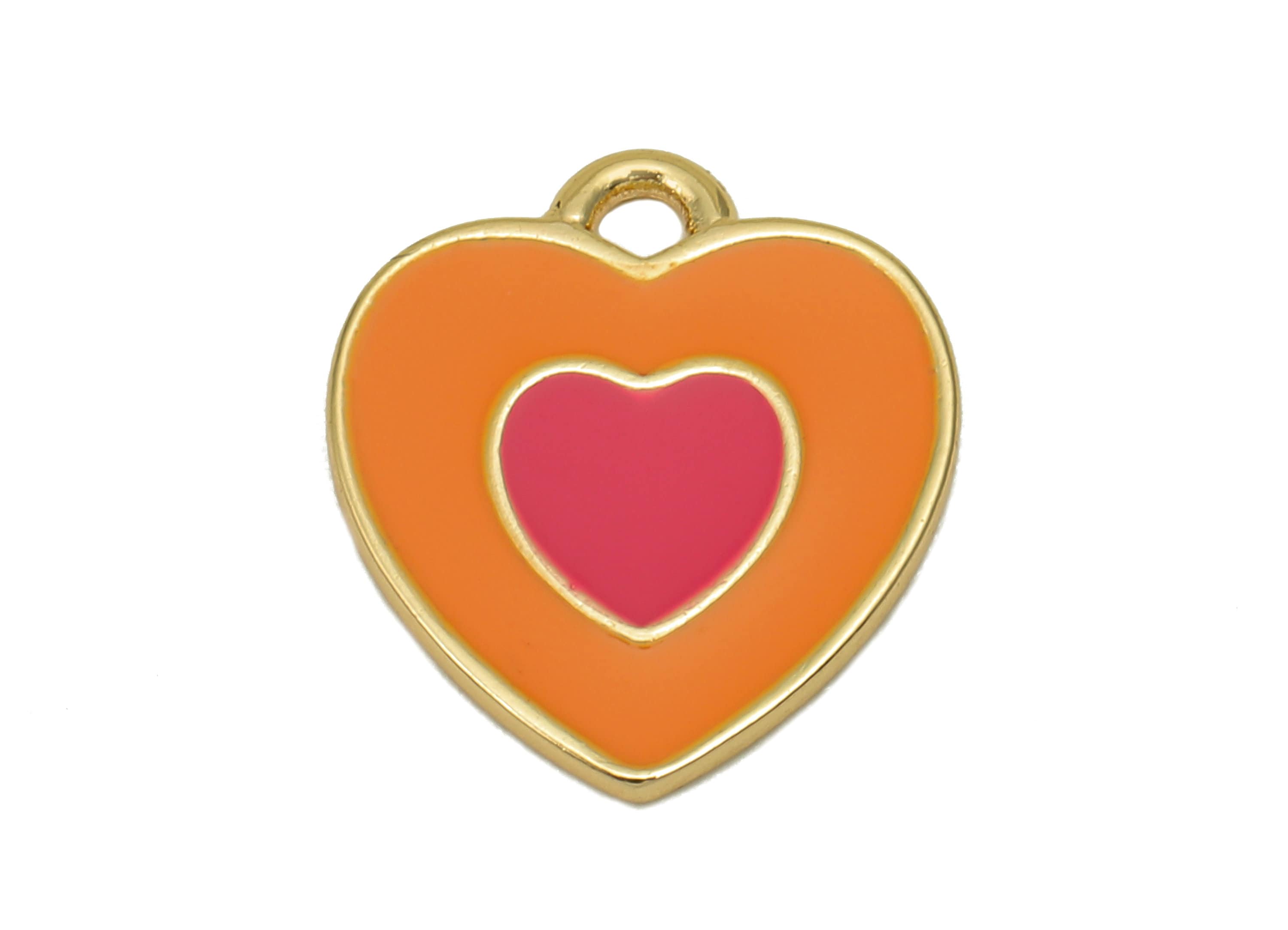 Brass Dot Heart Earring - Orange & Pink Enamel Heart Charm - Spot Heart Pendant With Loop - 18K Real Gold Plating - 17x14.8x1.3mm - RGP5591A - DOMEDBAZAAR