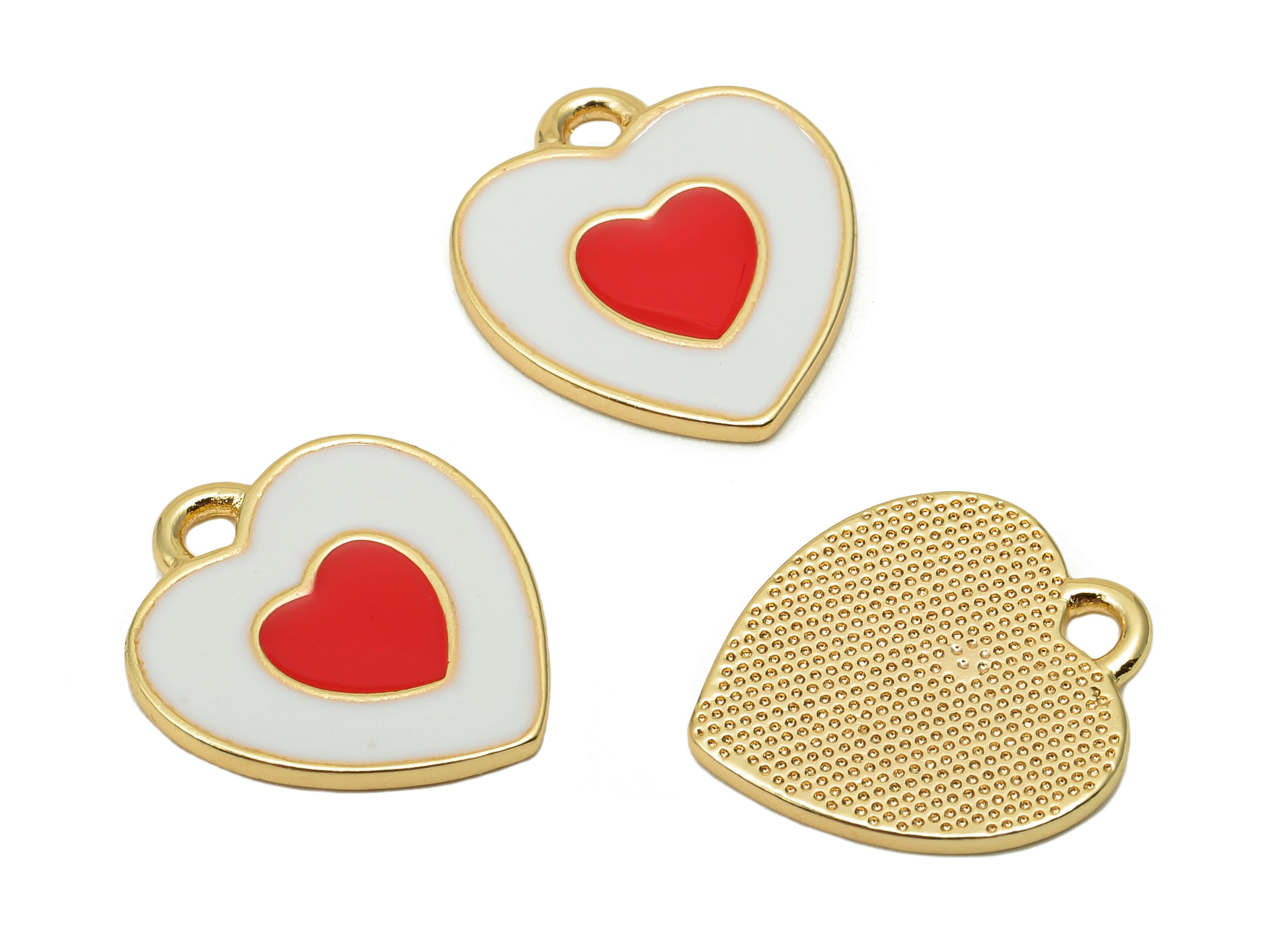Brass Dot Heart Earring - White & Red Enamel Heart Charm - Spot Heart Pendant With Loop - 18K Real Gold Plating - 17x14.8x1.3mm - RGP5591B - DOMEDBAZAAR