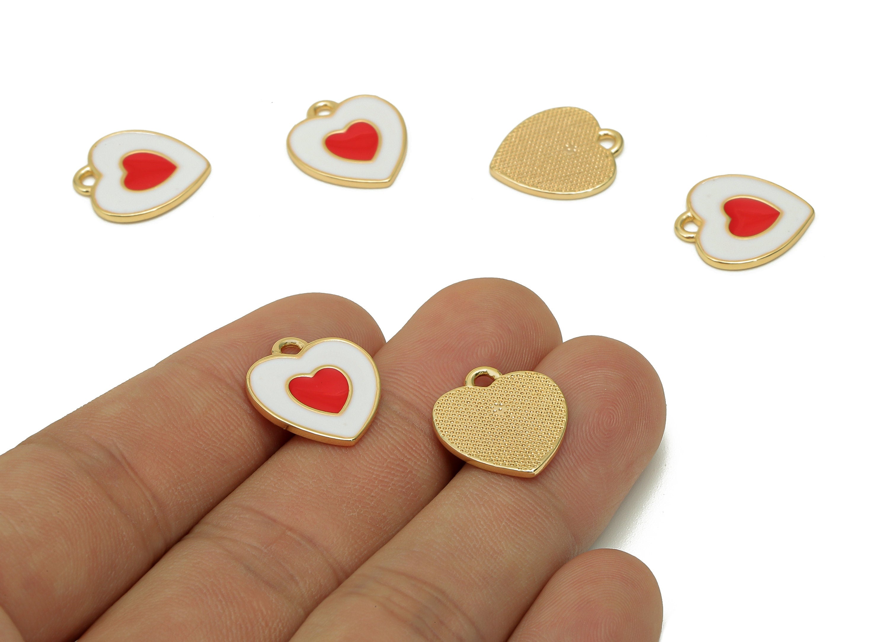 Brass Dot Heart Earring - White & Red Enamel Heart Charm - Spot Heart Pendant With Loop - 18K Real Gold Plating - 17x14.8x1.3mm - RGP5591B - DOMEDBAZAAR