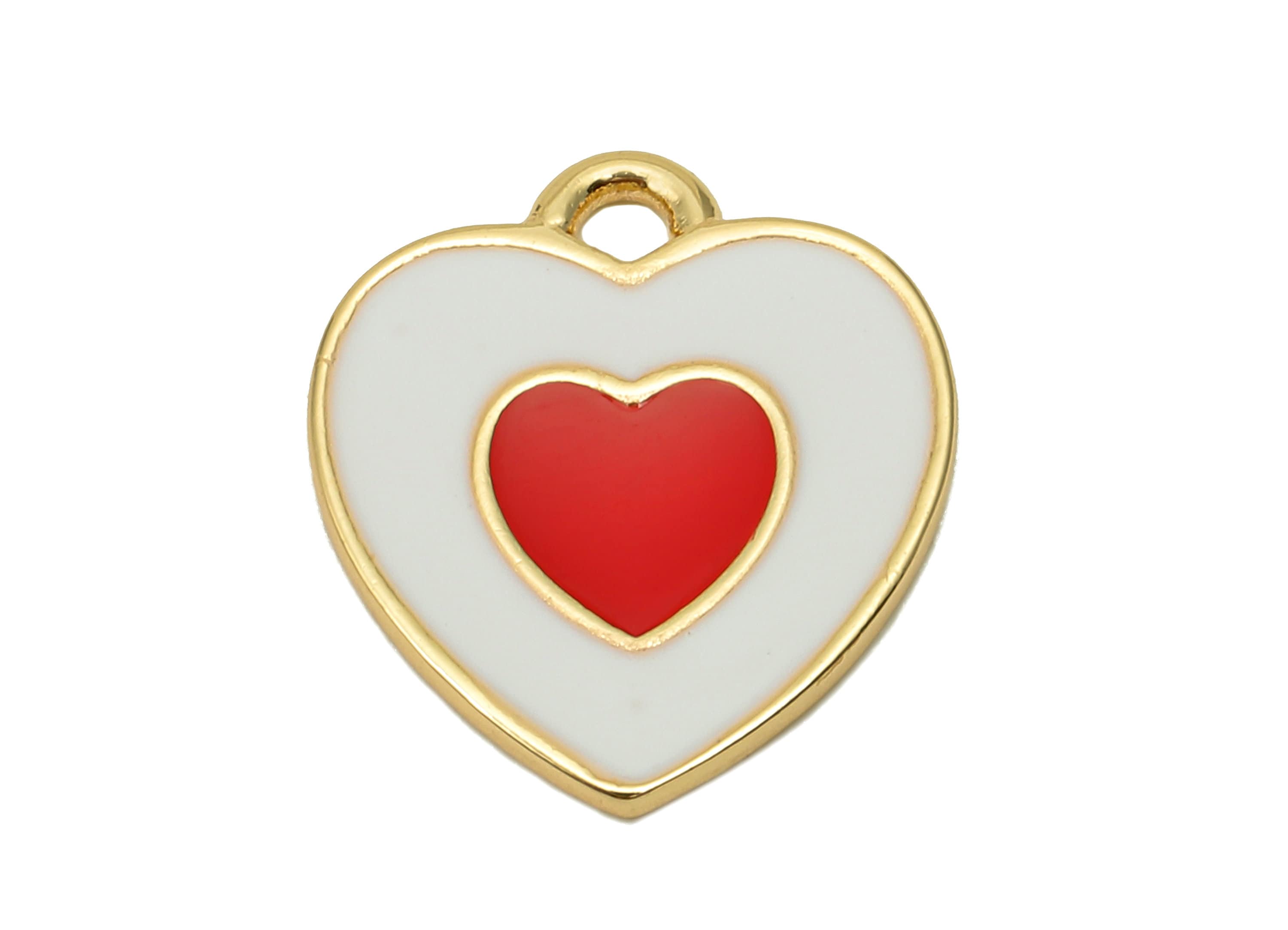 Brass Dot Heart Earring - White & Red Enamel Heart Charm - Spot Heart Pendant With Loop - 18K Real Gold Plating - 17x14.8x1.3mm - RGP5591B - DOMEDBAZAAR
