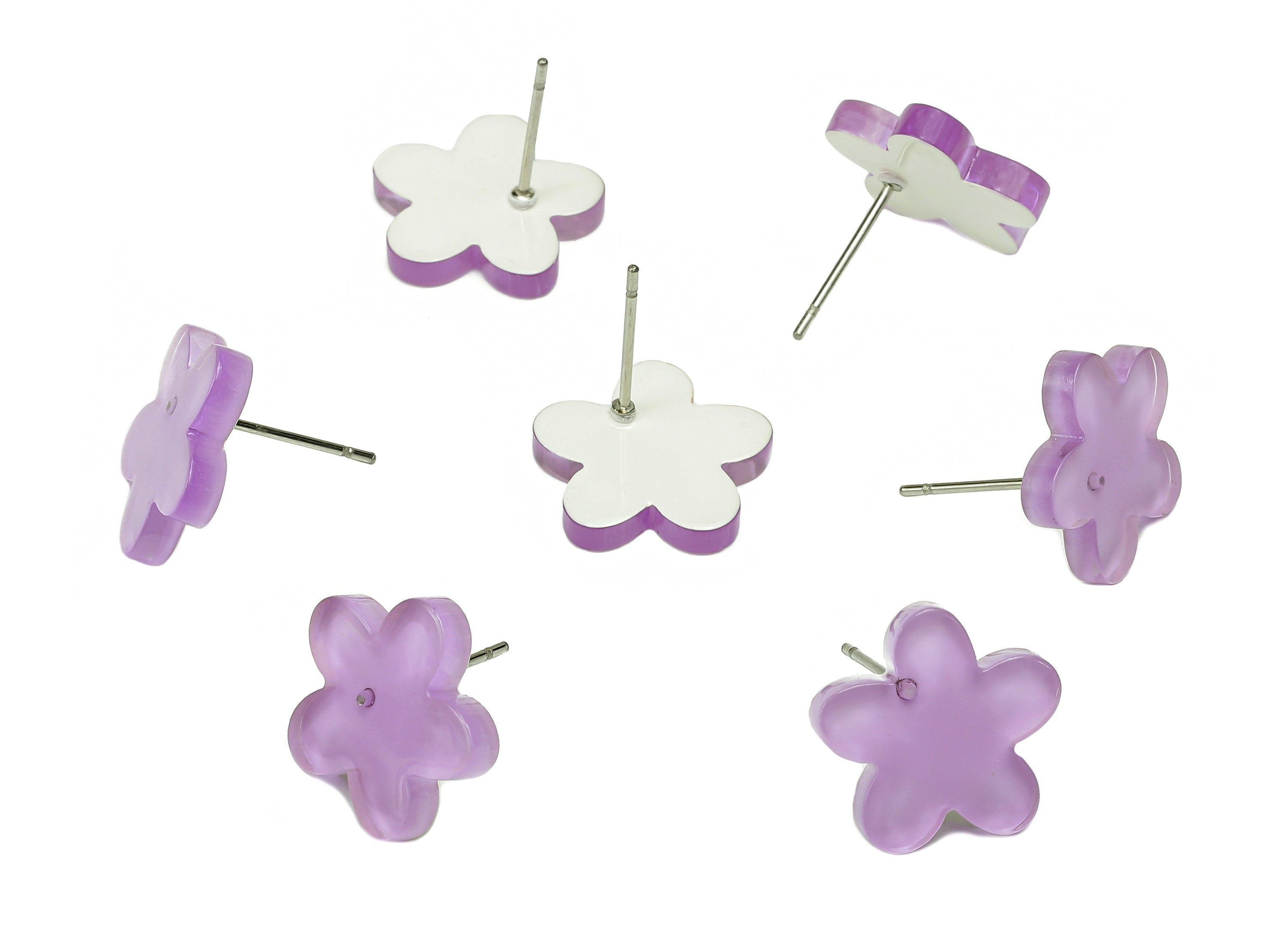 Acrylic Flower Earring Post - Clear Purple Flower Stud Earring - 316 Stainless Steel Stud - Color Code: A853 - 14.6x14.4x2.4mm -AC1333A-A853 - DOMEDBAZAAR