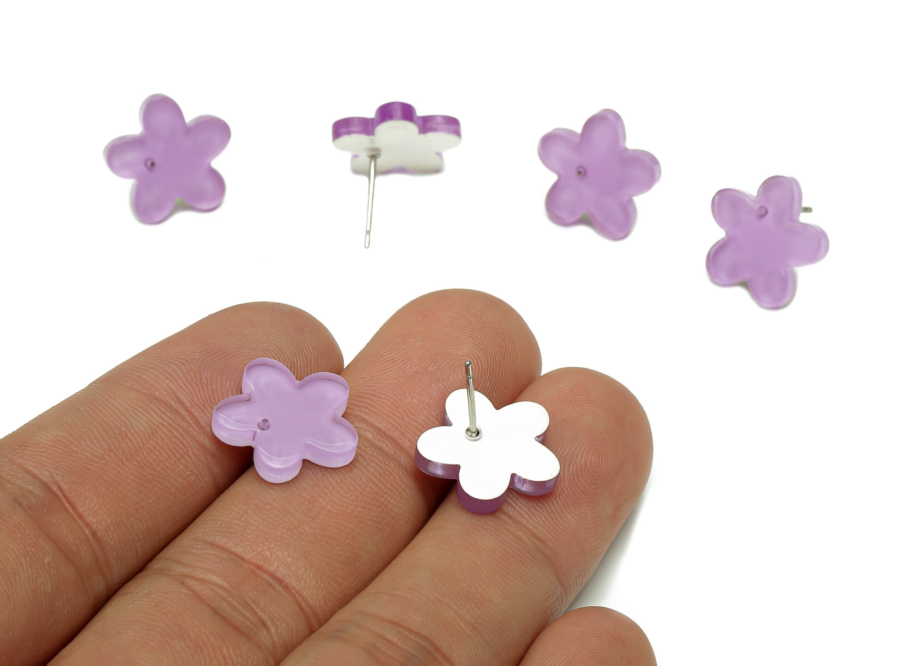 Acrylic Flower Earring Post - Clear Purple Flower Stud Earring - 316 Stainless Steel Stud - Color Code: A853 - 14.6x14.4x2.4mm -AC1333A-A853 - DOMEDBAZAAR