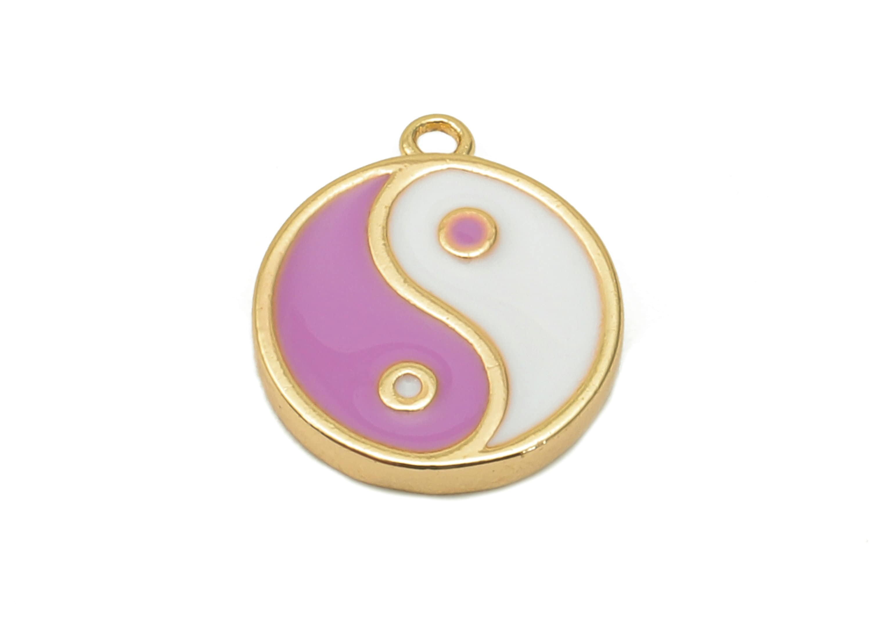 Brass Mini Round Dot Earring - White & Purple Enamel Charm - Yin and Yang Pendant With Loop - 18K Real Gold Plating-11.8x10.1x1.7mm-RGP5592B - DOMEDBAZAAR