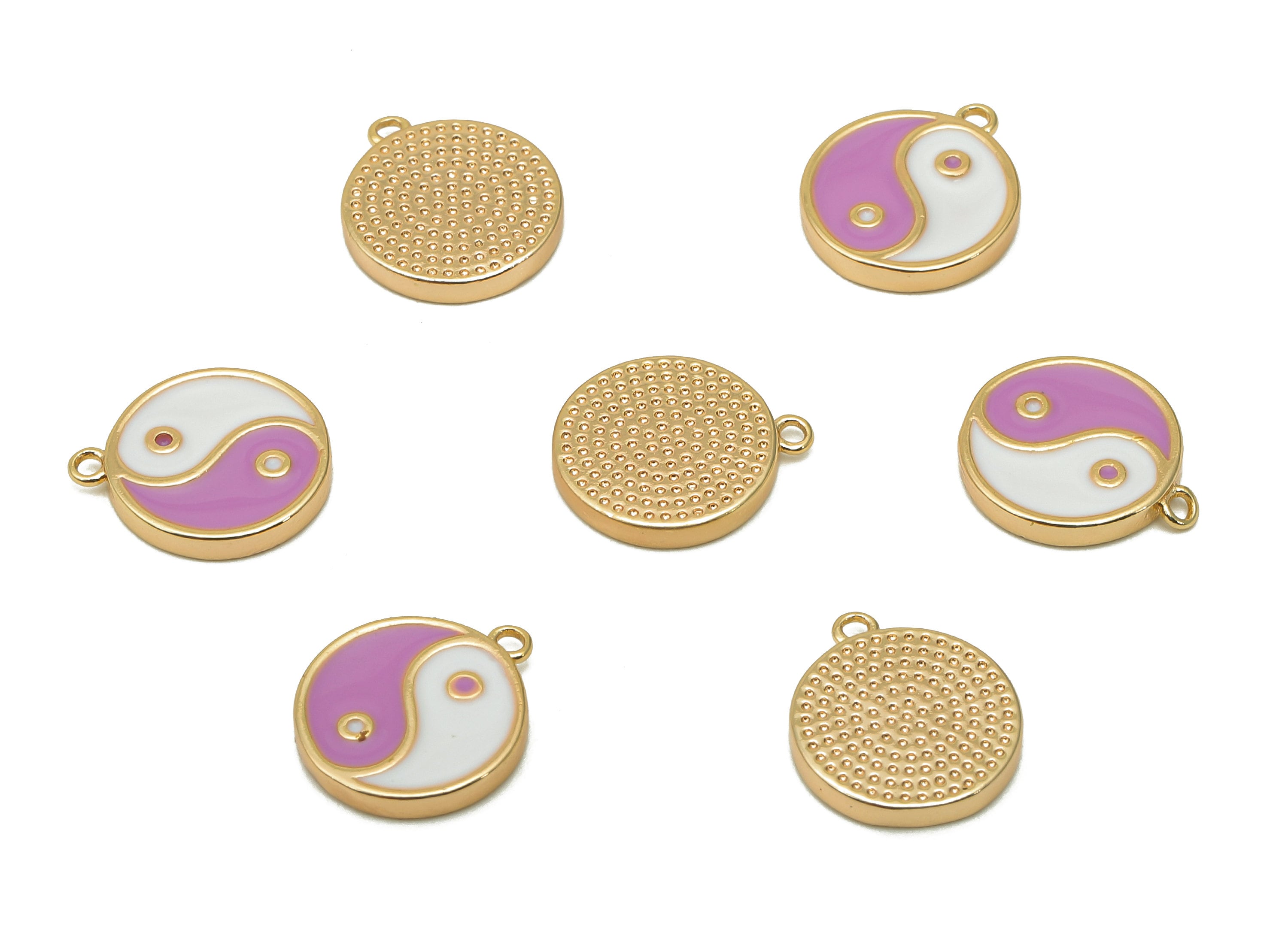 Brass Mini Round Dot Earring - White & Purple Enamel Charm - Yin and Yang Pendant With Loop - 18K Real Gold Plating-11.8x10.1x1.7mm-RGP5592B - DOMEDBAZAAR