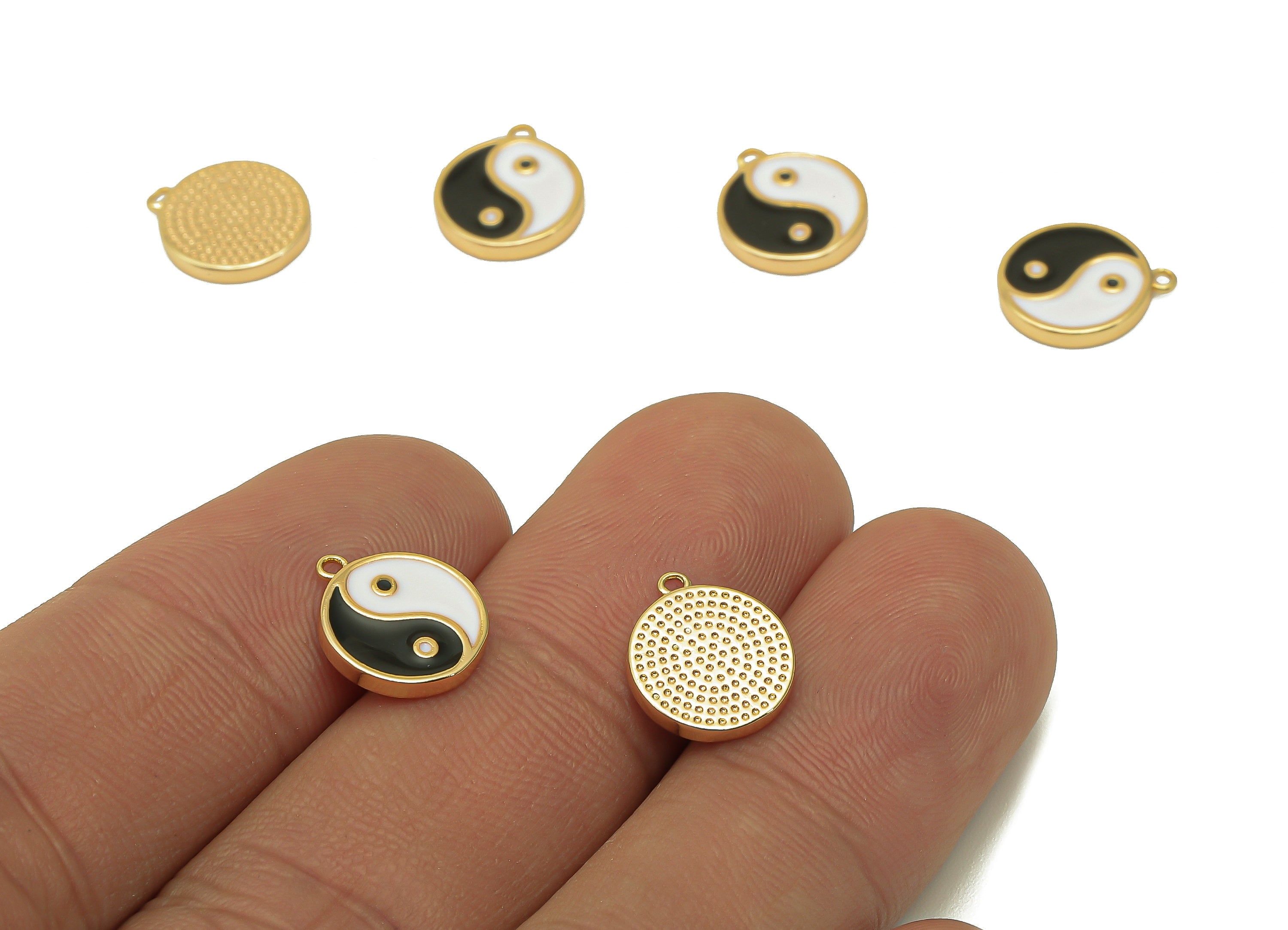 Brass Mini Round Dot Earring - White & Black Enamel Charm - Yin and Yang Pendant With Loop - 18K Real Gold Plating -11.8x10.1x1.7mm-RGP5592C - DOMEDBAZAAR
