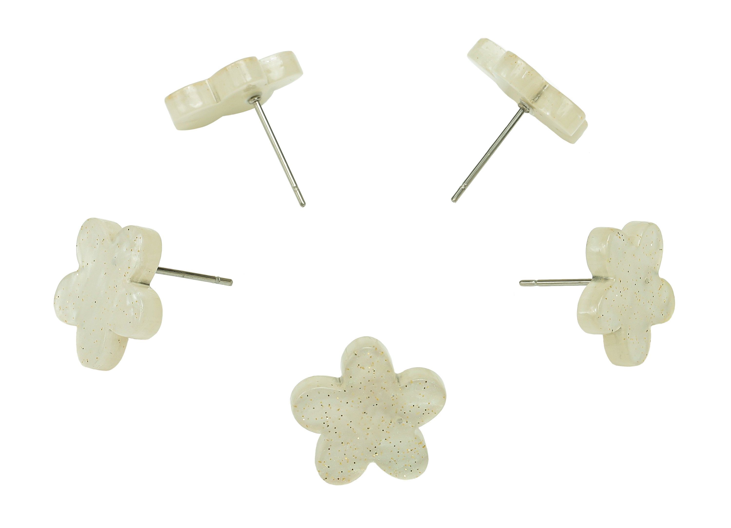 Acrylic Flower Earring Post - White Flower Stud Earring - 316 Stainless Steel Stud - Color Code: A855 - 14.56x14.51x2.68mm - AC1333A-A855 - DOMEDBAZAAR