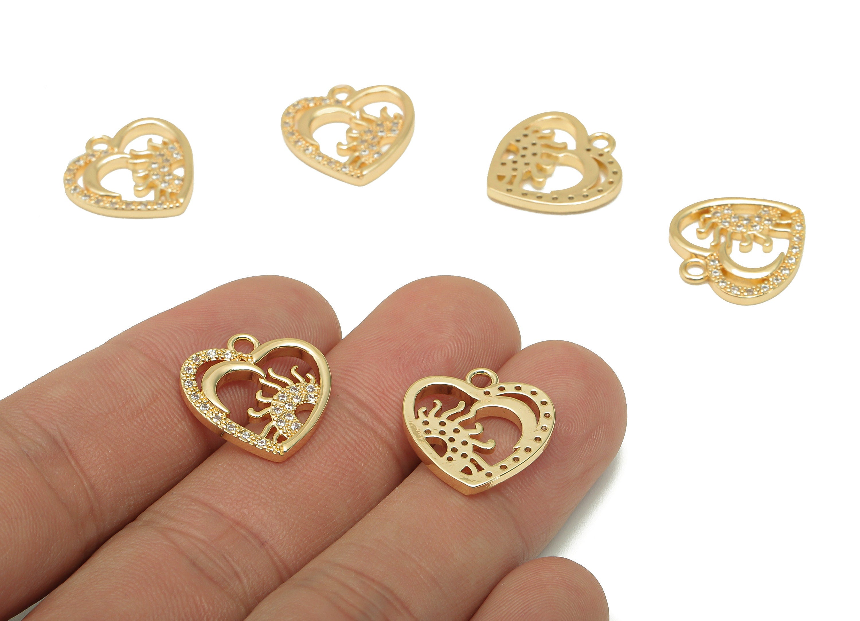 Brass Crescent Heart Earring Charm - Zircon Sun Dots Earring - Spot Heart Pendant With Loop - 18K Real Gold Plating - 17.9x17x2.1mm-RGP5594 - DOMEDBAZAAR