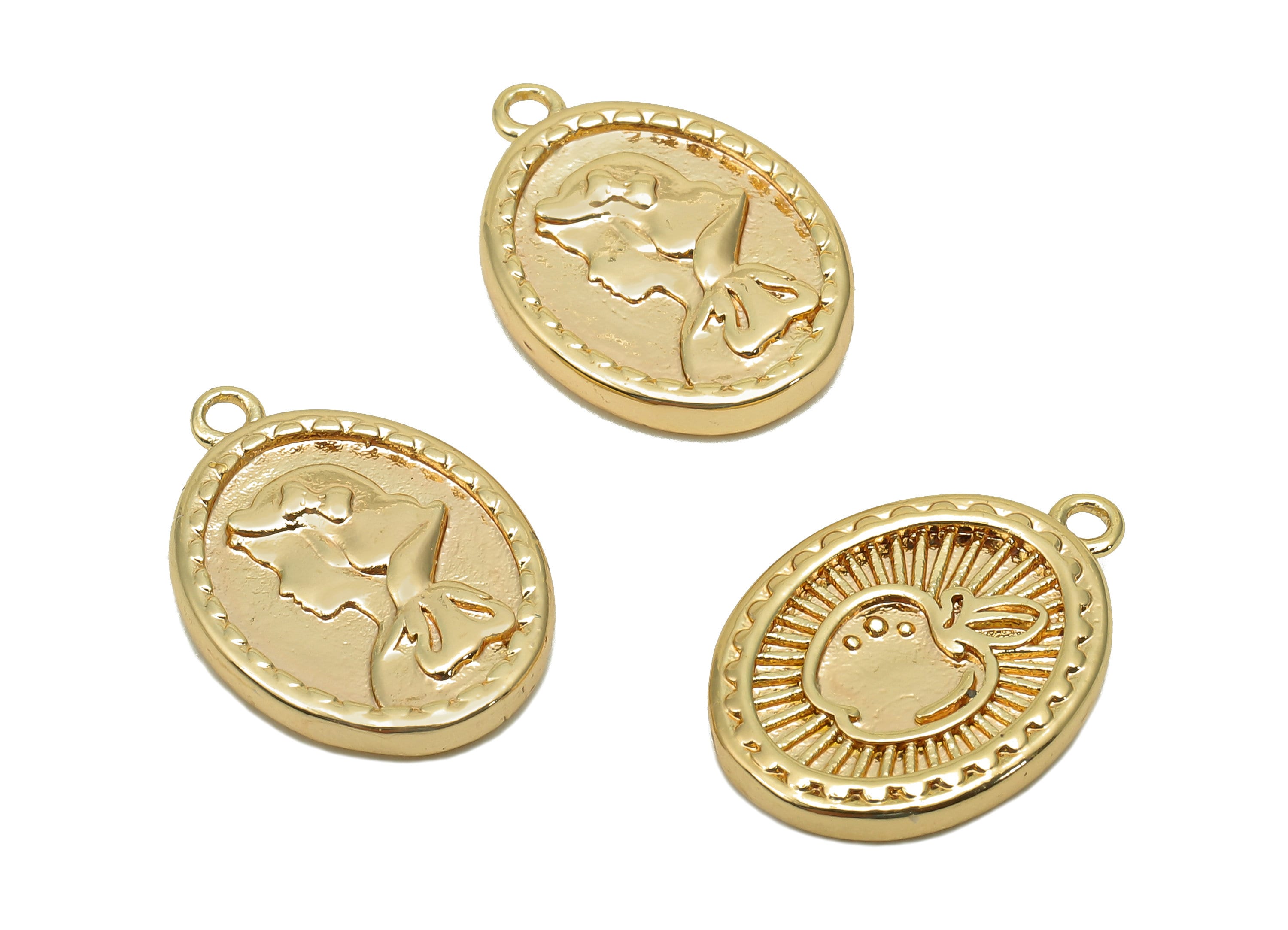 Brass Relief Portrait Oval Earring - Gold Textured Apple Charm - Pendant With Loop - 18K Real Gold Plating - 17.5x12.4x2.4mm - RGP5623 - DOMEDBAZAAR