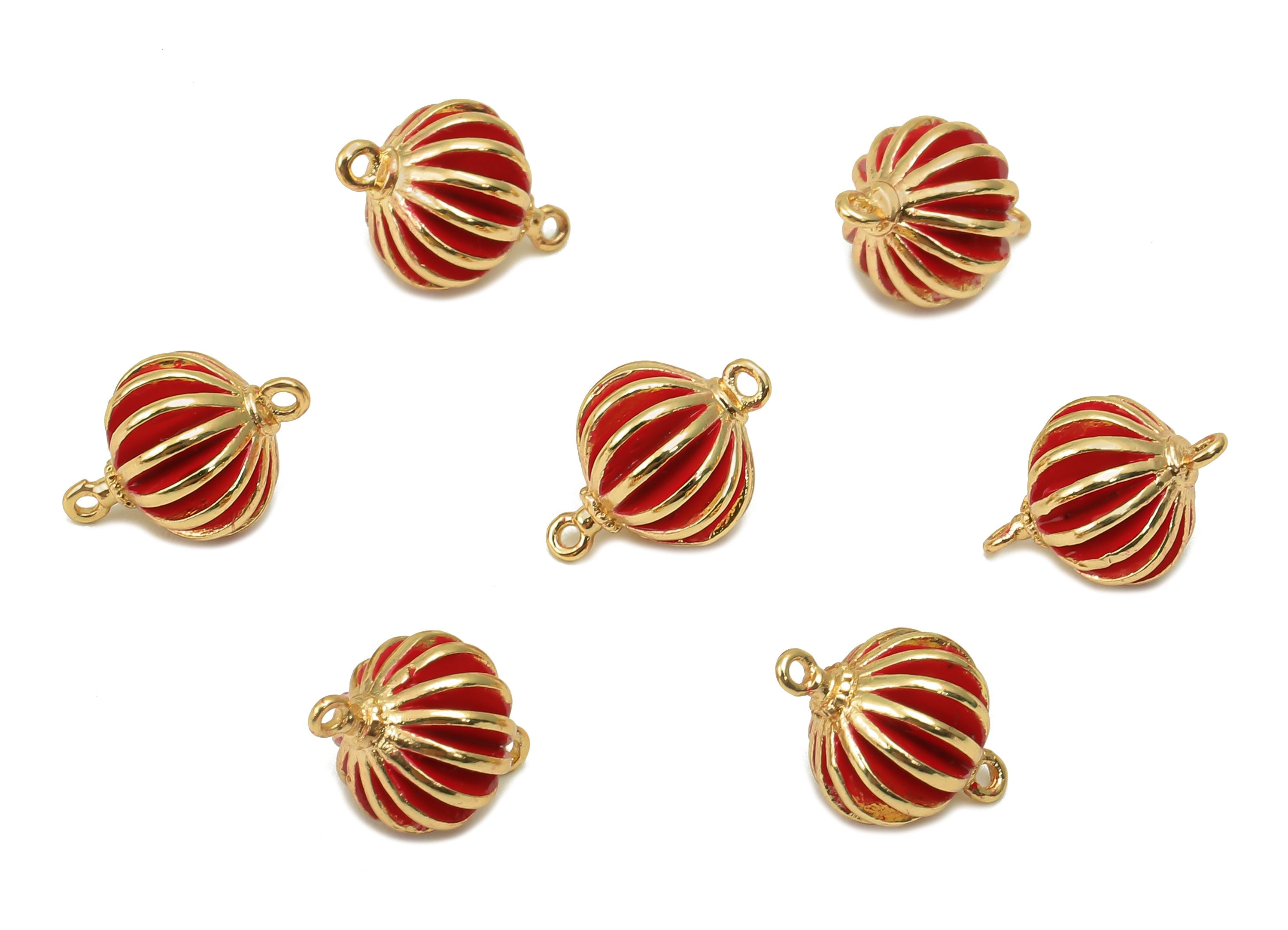 Brass Mini Round Lantern Connector - Red Enamel Lantern Earring - Bracelet With 2 Loops - 18K Real Gold Plating - 11.32x7.8x7.8mm - RGP5643 - DOMEDBAZAAR
