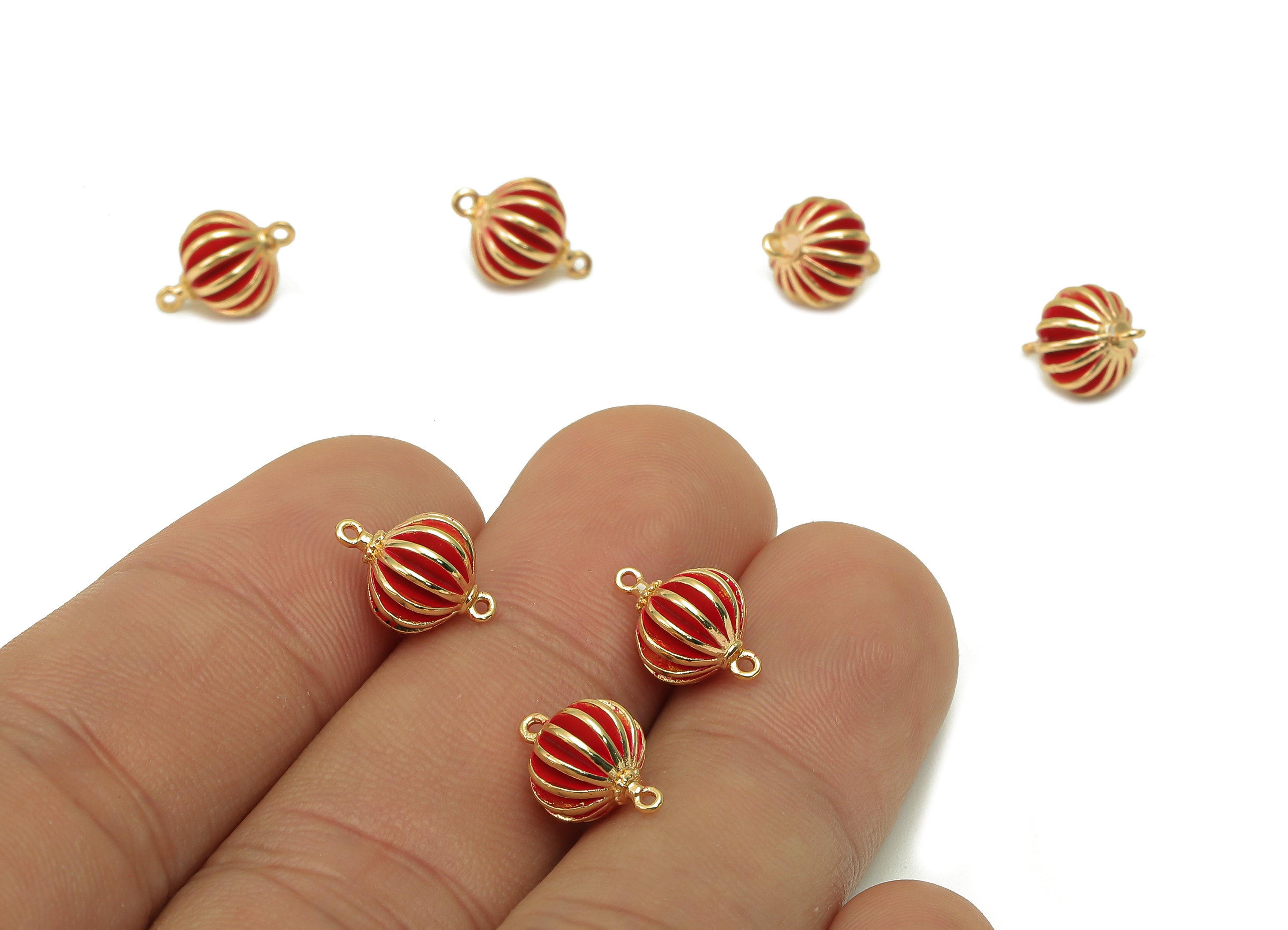 Brass Mini Round Lantern Connector - Red Enamel Lantern Earring - Bracelet With 2 Loops - 18K Real Gold Plating - 11.32x7.8x7.8mm - RGP5643 - DOMEDBAZAAR