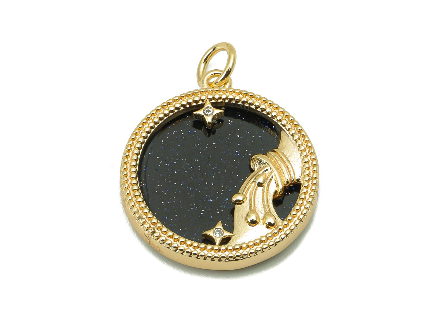 Brass Horoscope Zircon Round Aquarius Charm - Blue Sandstone Zodiac Pendant With Loop - 18K Real Gold Plating - 23.5x18.4x3.1mm - RGP5816A - DOMEDBAZAAR