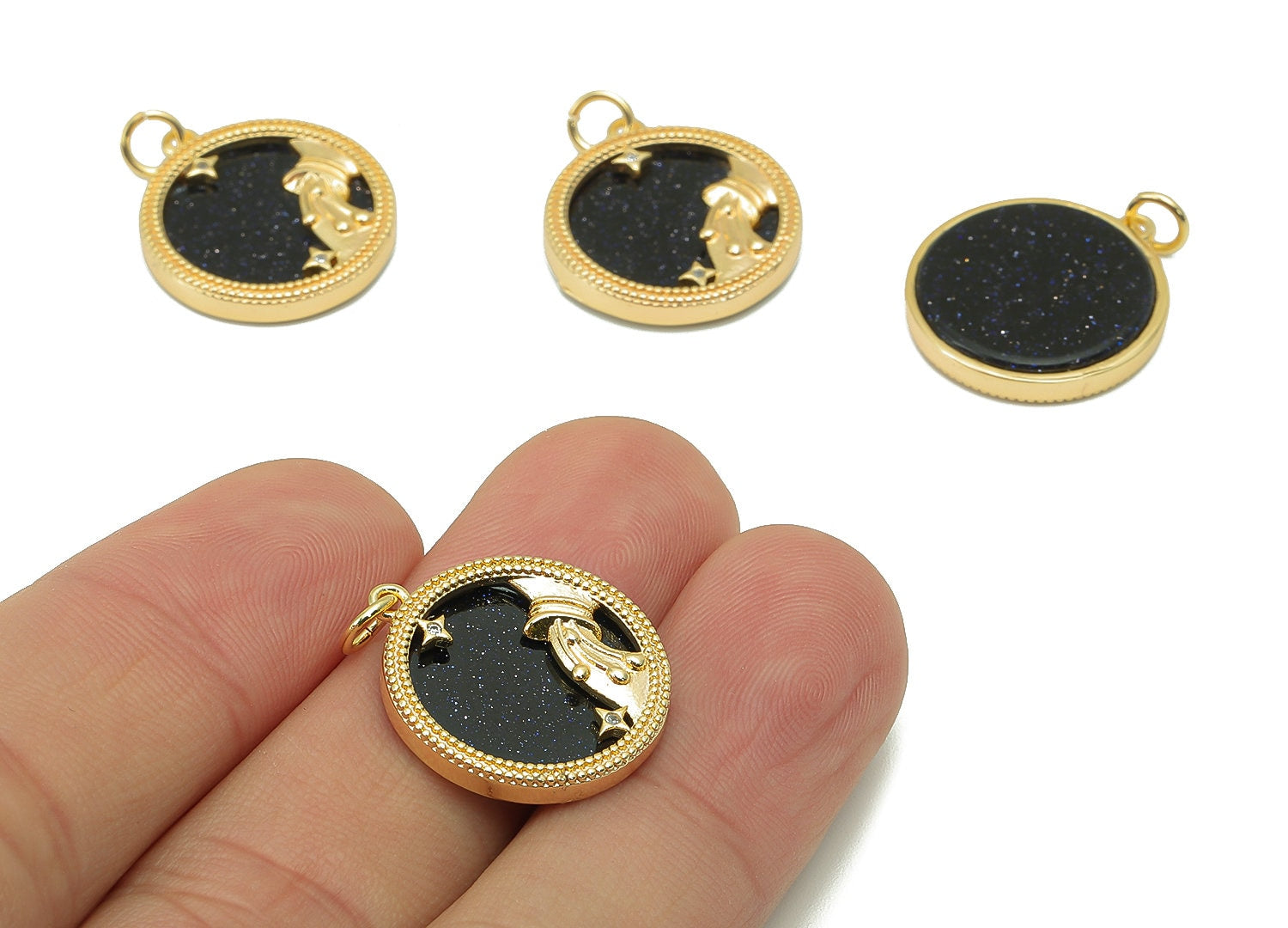 Brass Horoscope Zircon Round Aquarius Charm - Blue Sandstone Zodiac Pendant With Loop - 18K Real Gold Plating - 23.5x18.4x3.1mm - RGP5816A - DOMEDBAZAAR