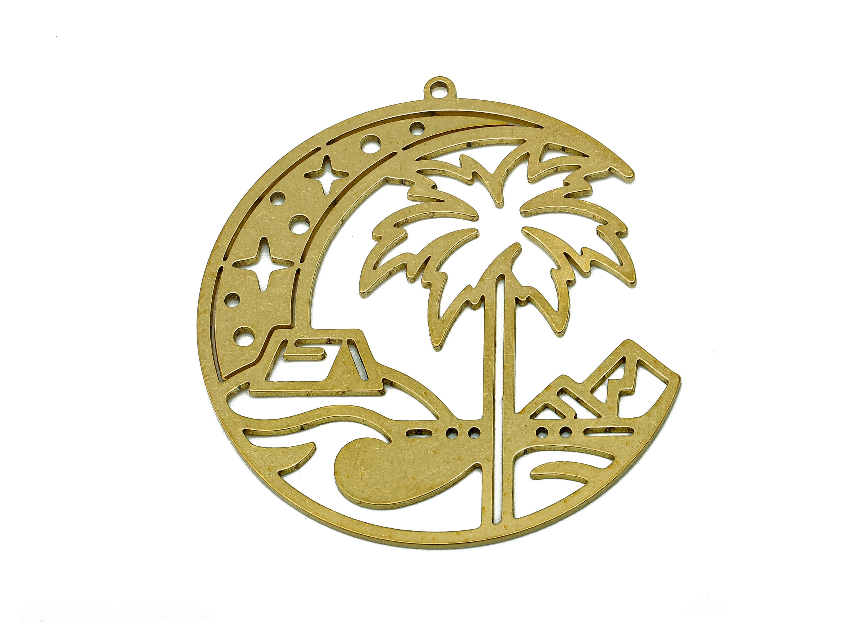 Brass Round Landscape Earring Charm - Raw Brass Coconut Tree Circle Earring - Moon Pendant With Loop - Star Charms - 44.7x42x0.9mm - PPZ0217 - DOMEDBAZAAR