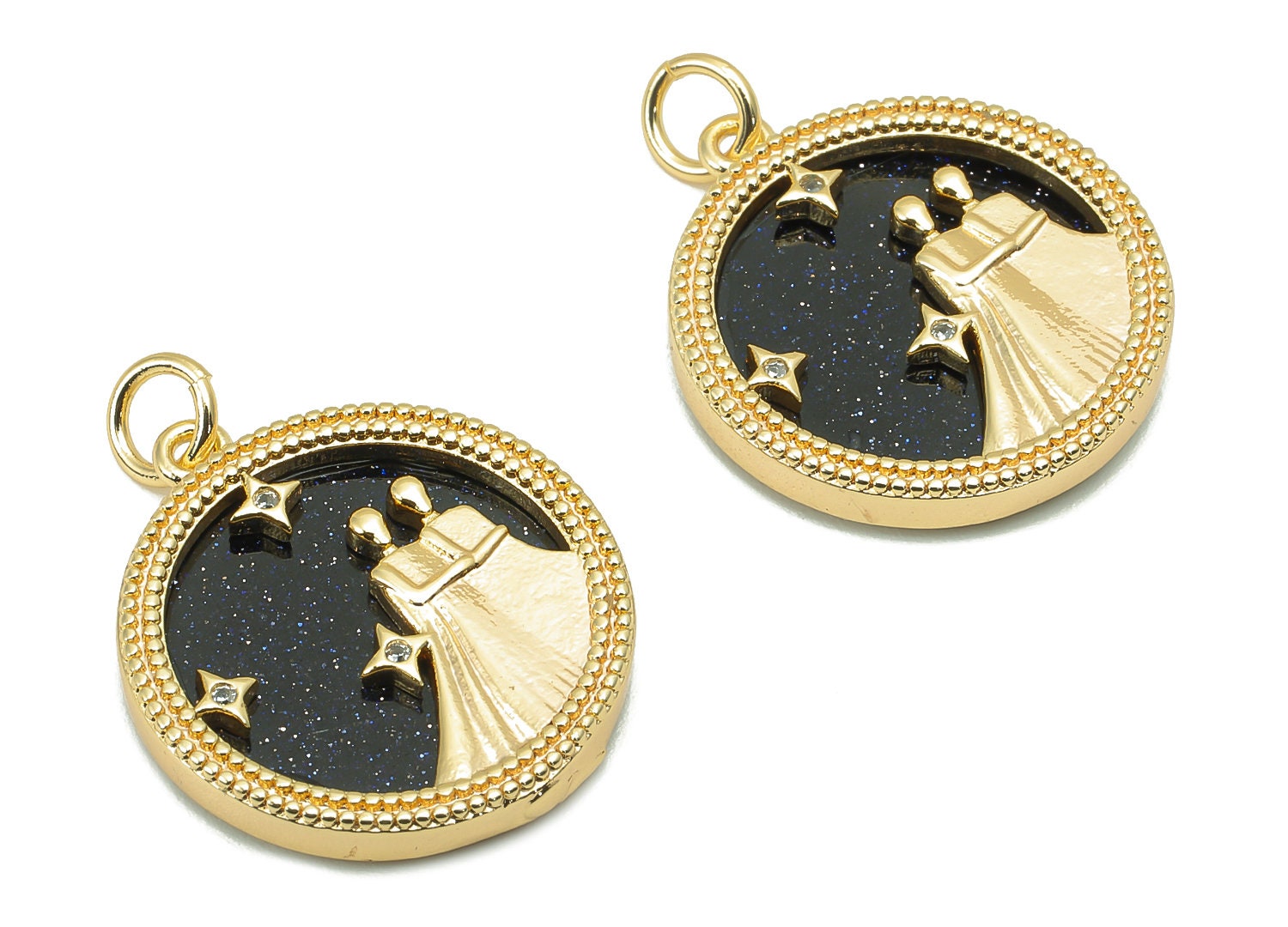 Brass Horoscope Zircon Round Gemini Charm - Blue Sandstone Zodiac Pendant With Loop - 18K Real Gold Plating - 23.5x18.4x3.1mm - RGP5816B - DOMEDBAZAAR