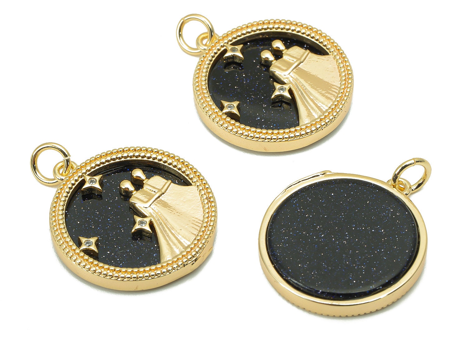 Brass Horoscope Zircon Round Gemini Charm - Blue Sandstone Zodiac Pendant With Loop - 18K Real Gold Plating - 23.5x18.4x3.1mm - RGP5816B - DOMEDBAZAAR