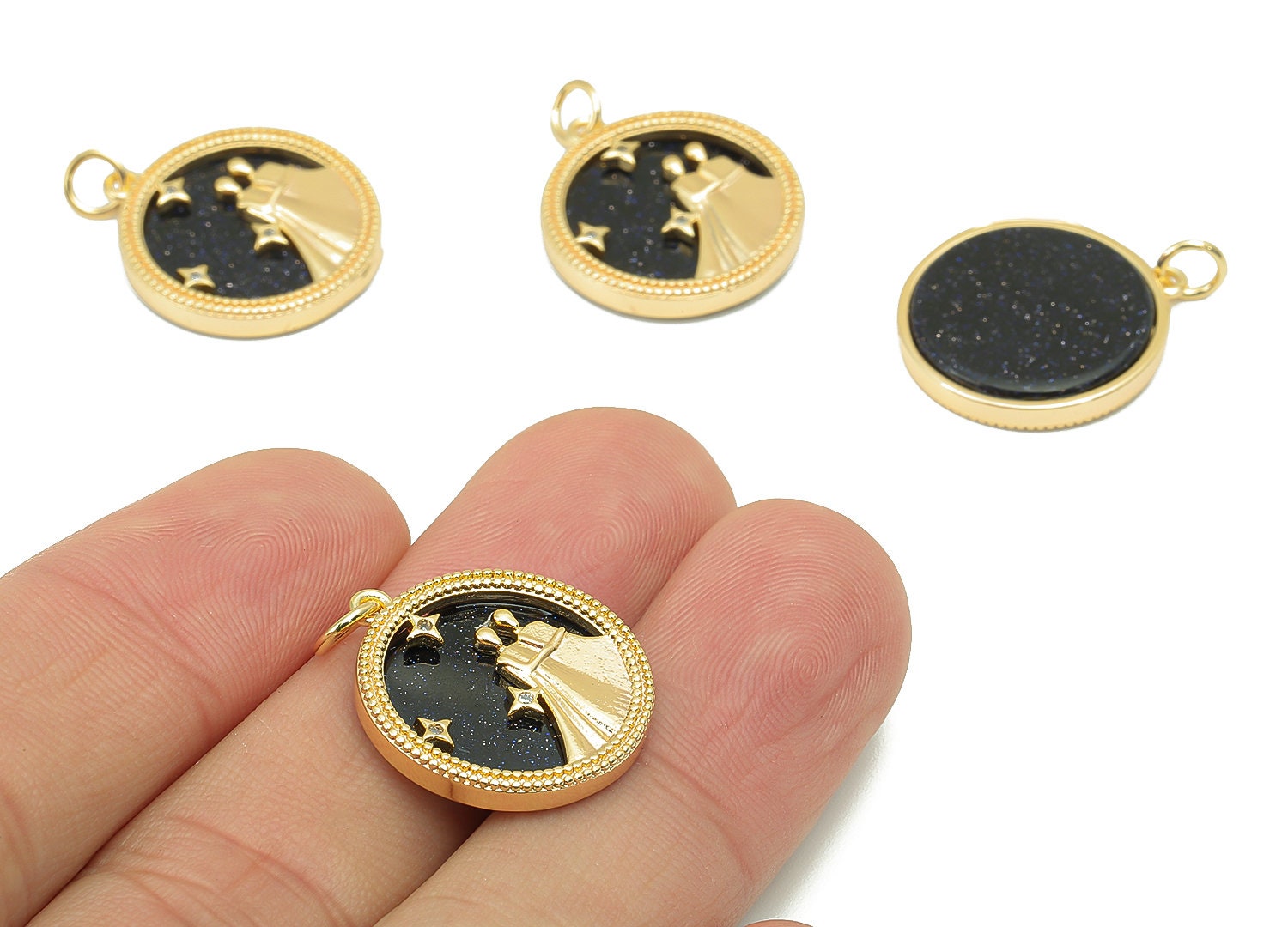 Brass Horoscope Zircon Round Gemini Charm - Blue Sandstone Zodiac Pendant With Loop - 18K Real Gold Plating - 23.5x18.4x3.1mm - RGP5816B - DOMEDBAZAAR