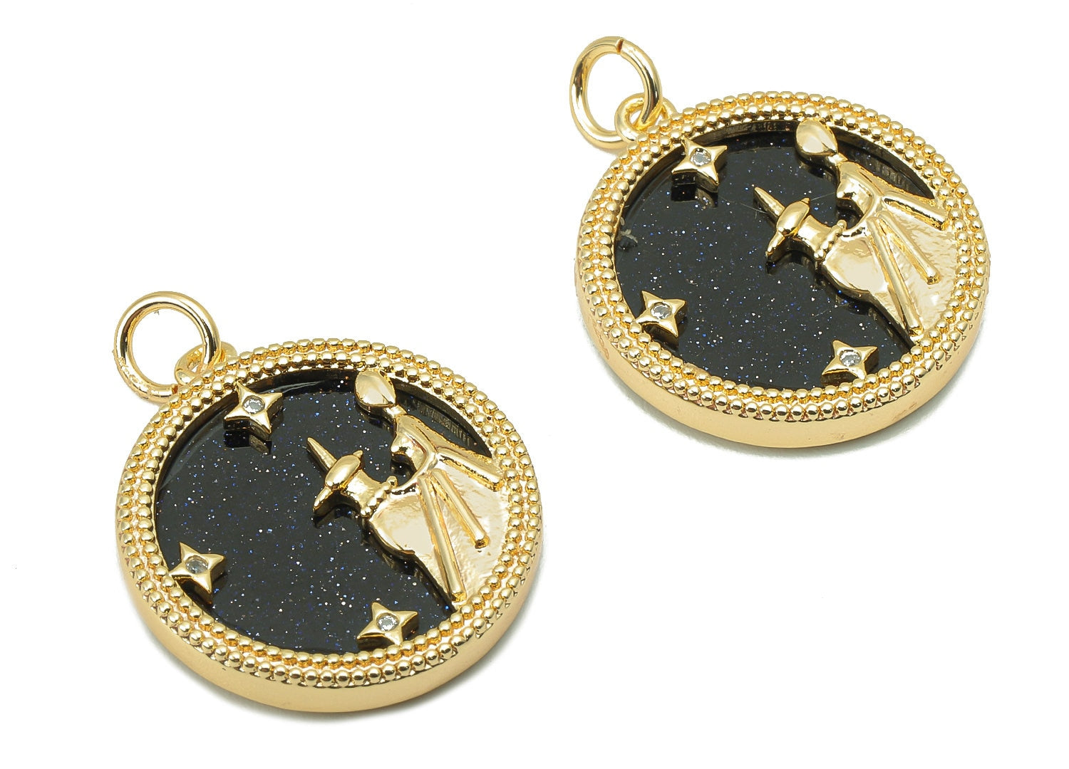 Brass Horoscope Zircon Round Virgo Charm - Blue Sandstone Zodiac Pendant With Loop - 18K Real Gold Plating - 23.5x18.4x3.1mm - RGP5816C - DOMEDBAZAAR