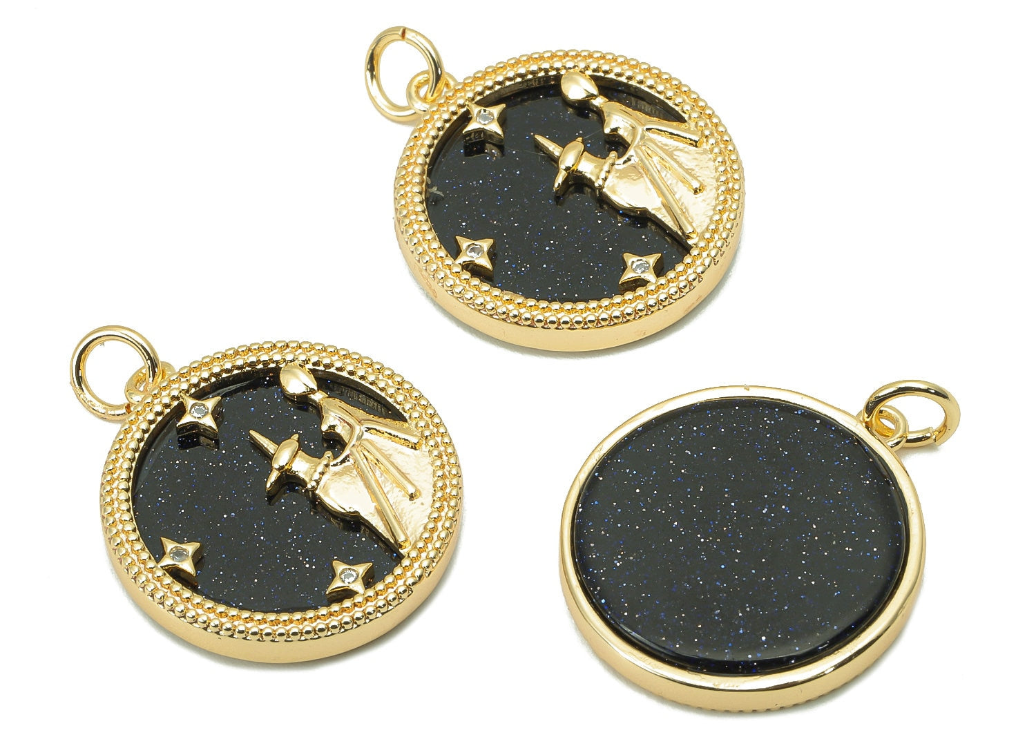 Brass Horoscope Zircon Round Virgo Charm - Blue Sandstone Zodiac Pendant With Loop - 18K Real Gold Plating - 23.5x18.4x3.1mm - RGP5816C - DOMEDBAZAAR