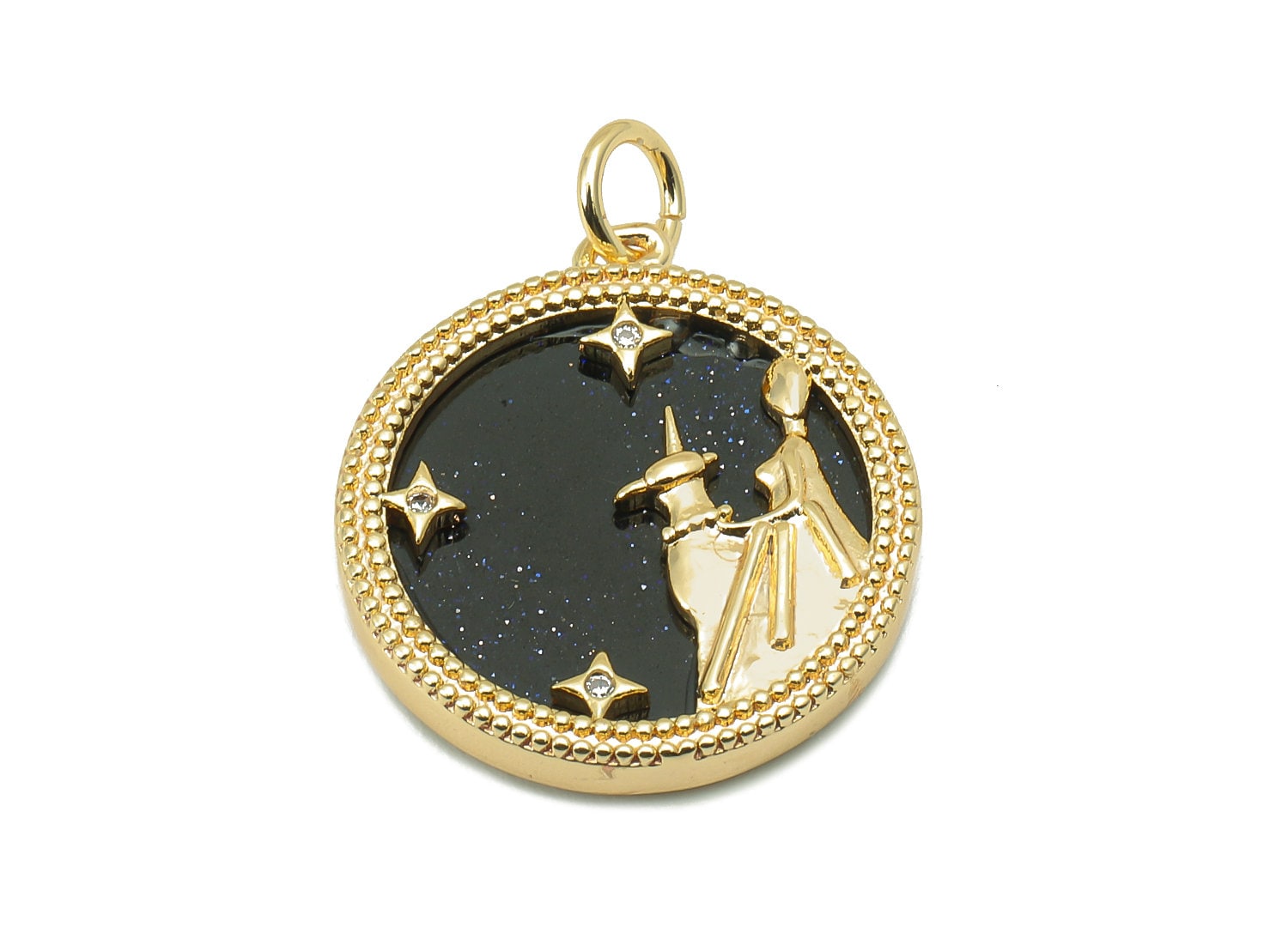 Brass Horoscope Zircon Round Virgo Charm - Blue Sandstone Zodiac Pendant With Loop - 18K Real Gold Plating - 23.5x18.4x3.1mm - RGP5816C - DOMEDBAZAAR