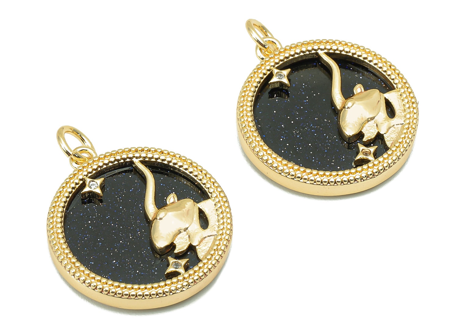 Brass Horoscope Zircon Round Capricorn Charm - Blue Sandstone Zodiac Pendant With Loop - 18K Real Gold Plating - 23.5x18.4x3.1mm - RGP5816D - DOMEDBAZAAR