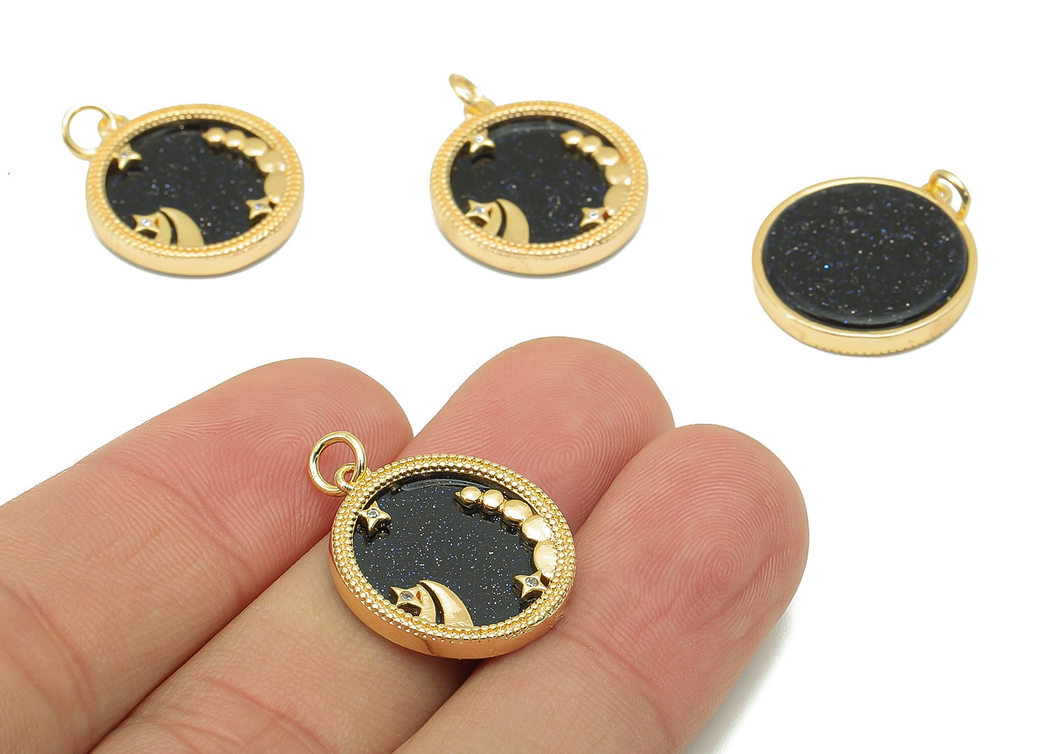 Brass Horoscope Zircon Round Scorpio Charm - Blue Sandstone Zodiac Pendant With Loop - 18K Real Gold Plating - 23.5x18.4x3.1mm - RGP5816G - DOMEDBAZAAR